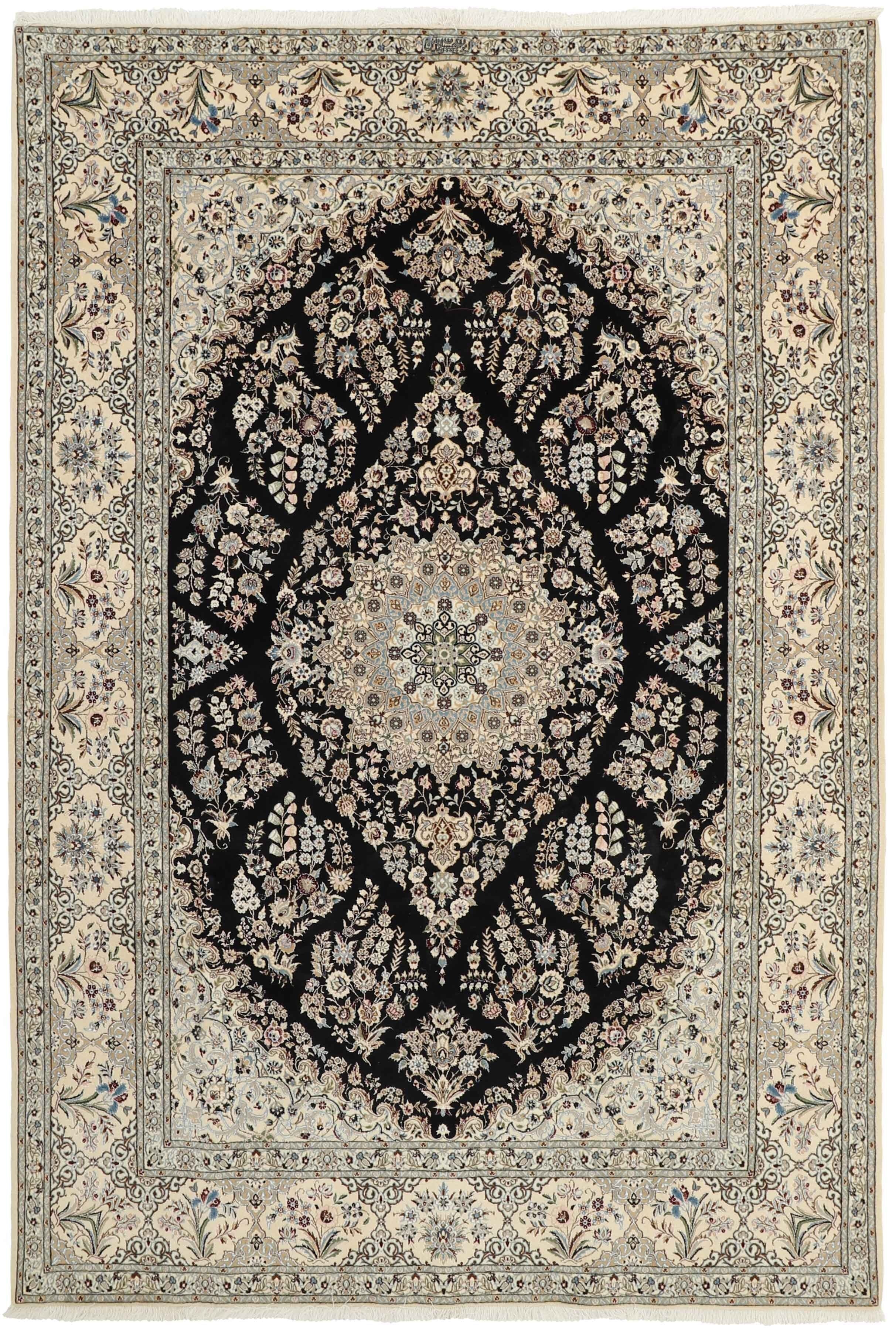 Authentic oriental rug with traditional floral design in cream, red, blue and black