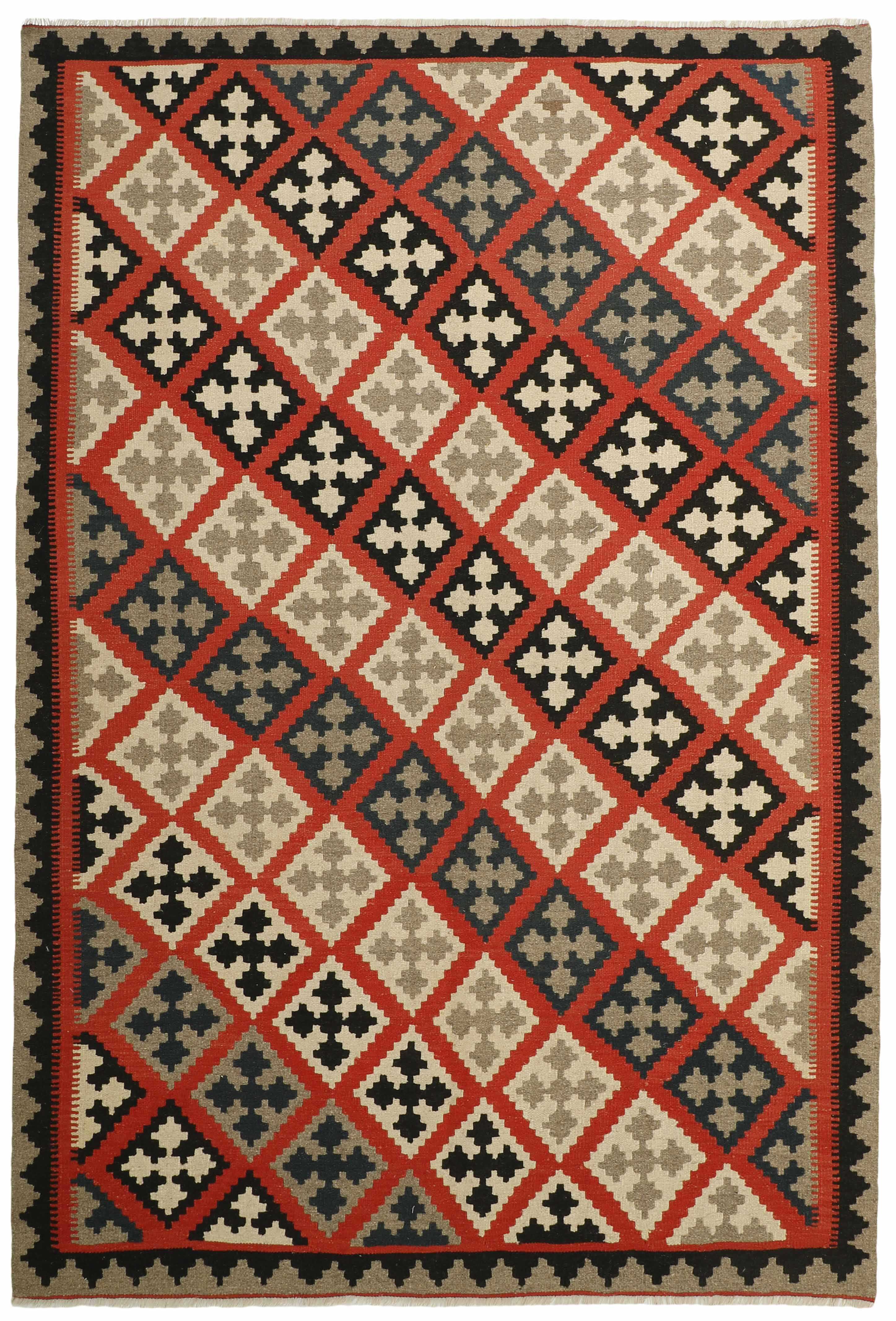 Authentic persian kelim flatweave rug with traditional geometric design in multicolour