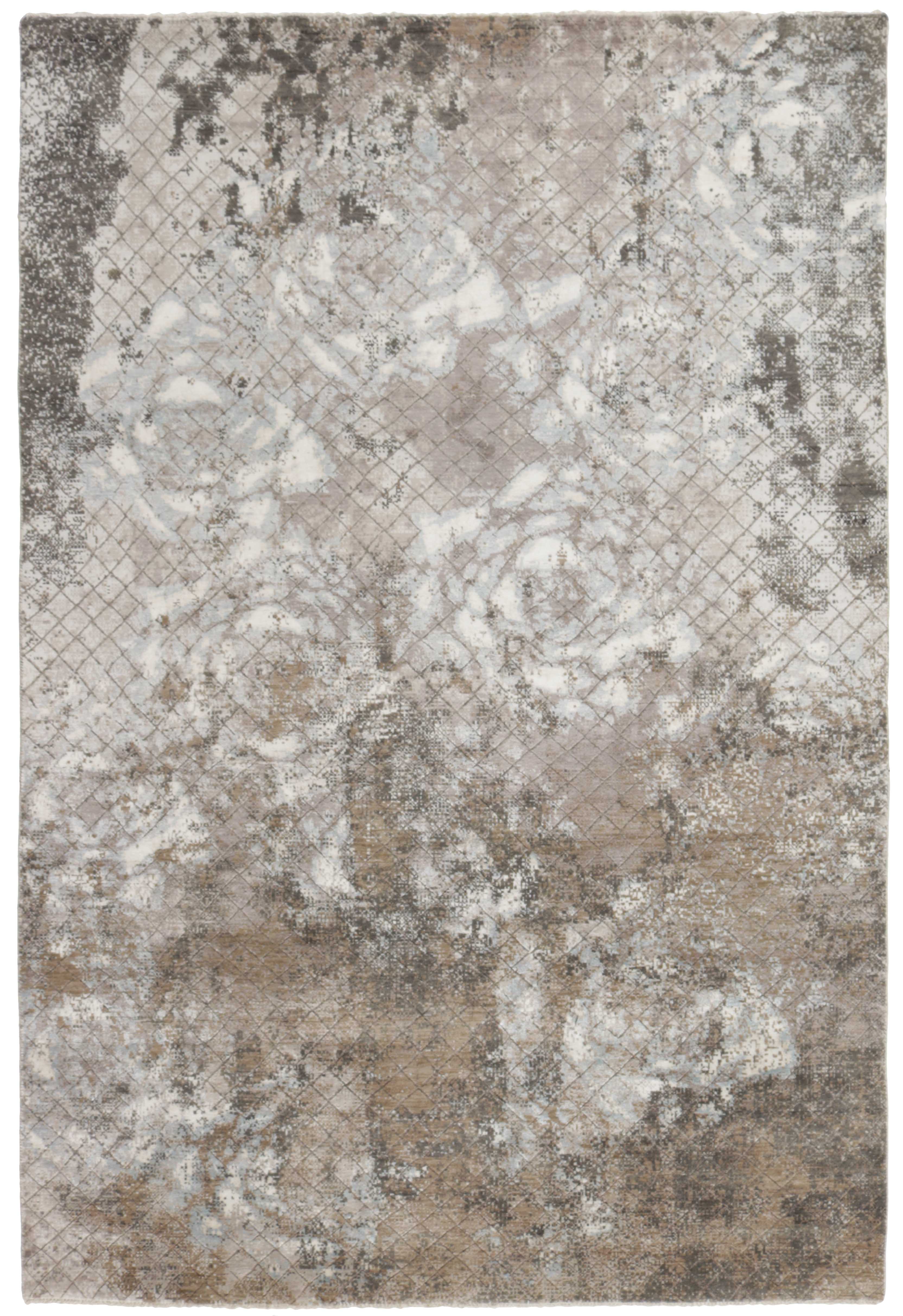 Large area rug with abstract floral design in grey and beige