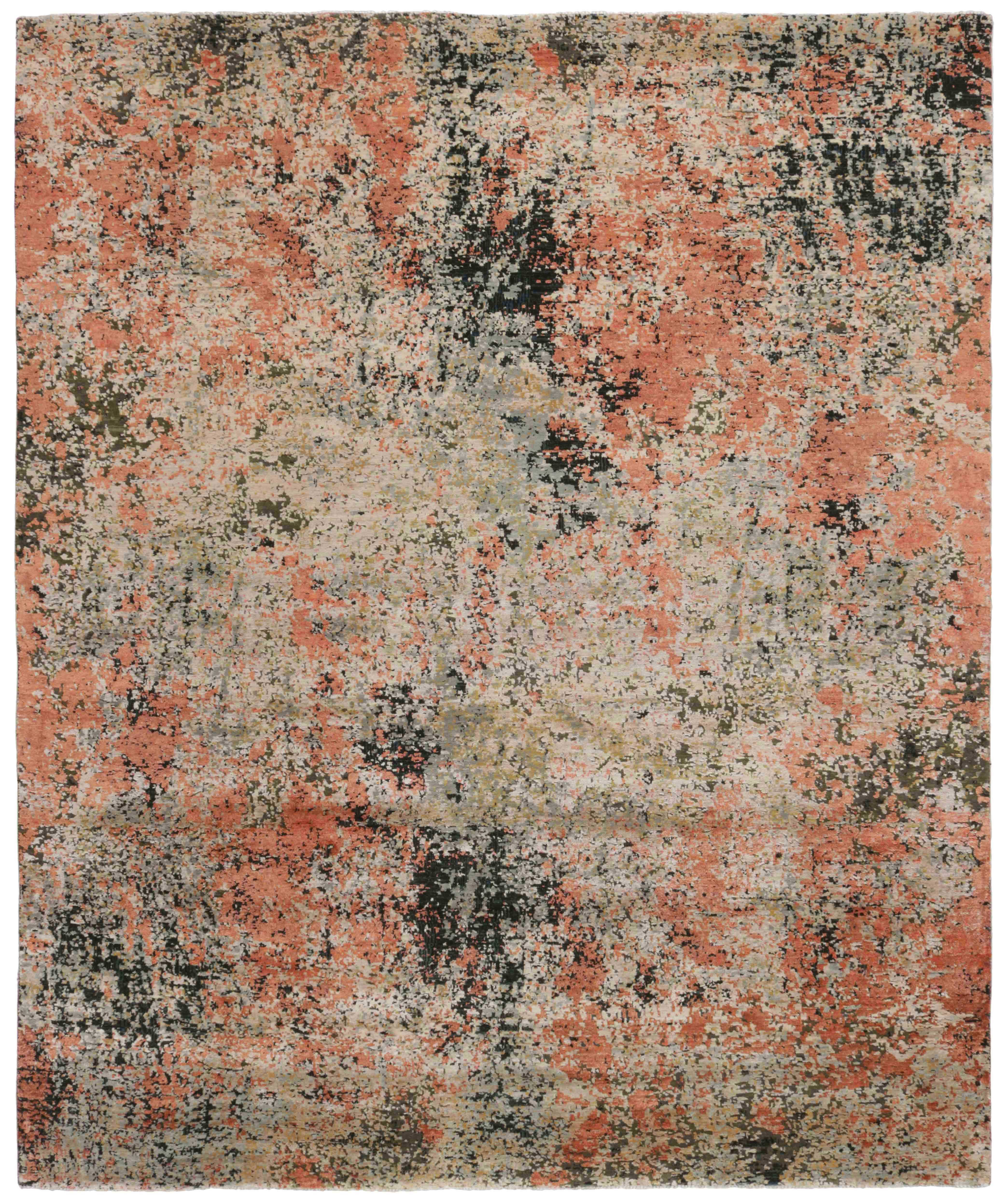 Large area rug with abstract design in grey, beige and red
