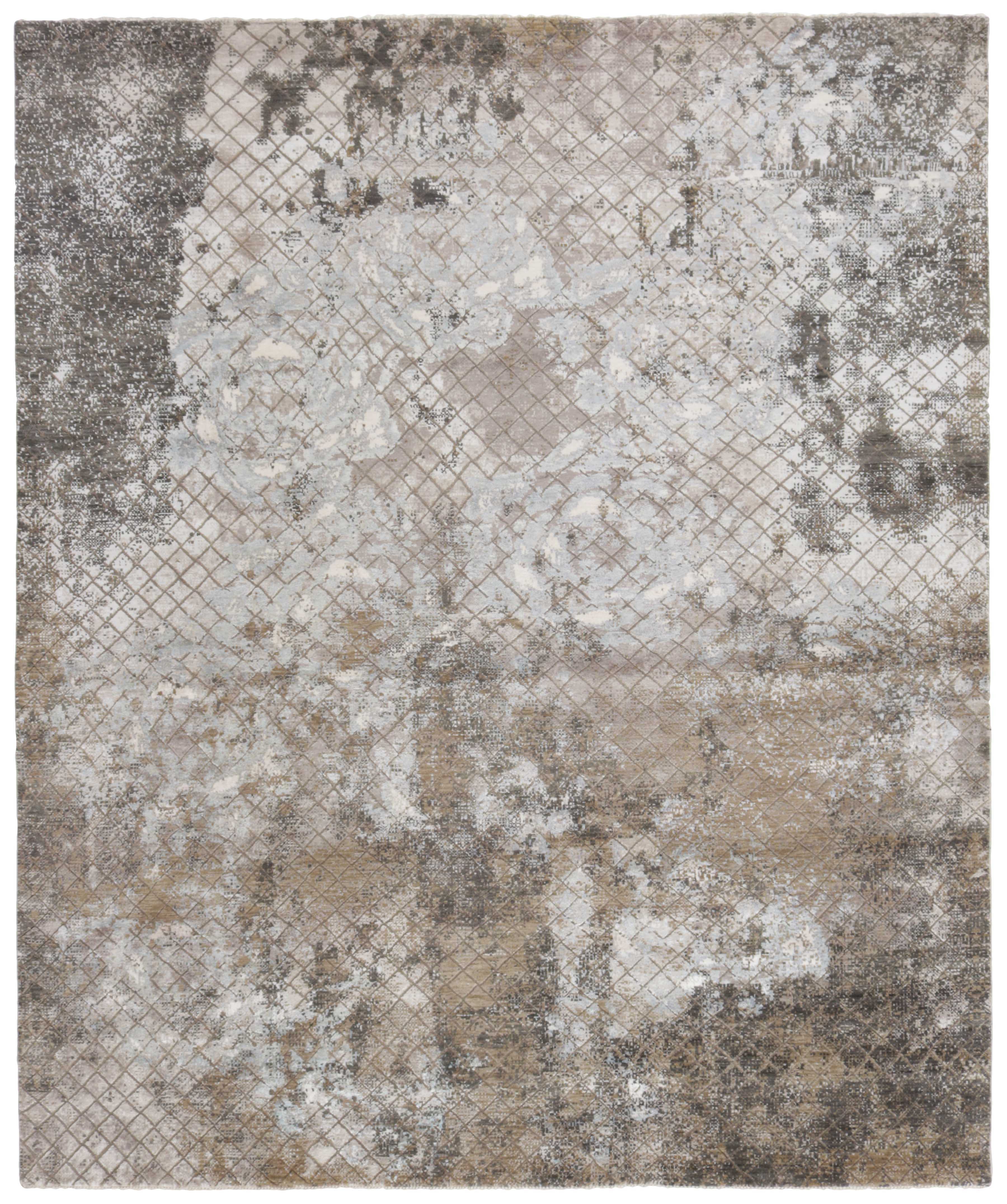 Large area rug with abstract floral design in grey and beige