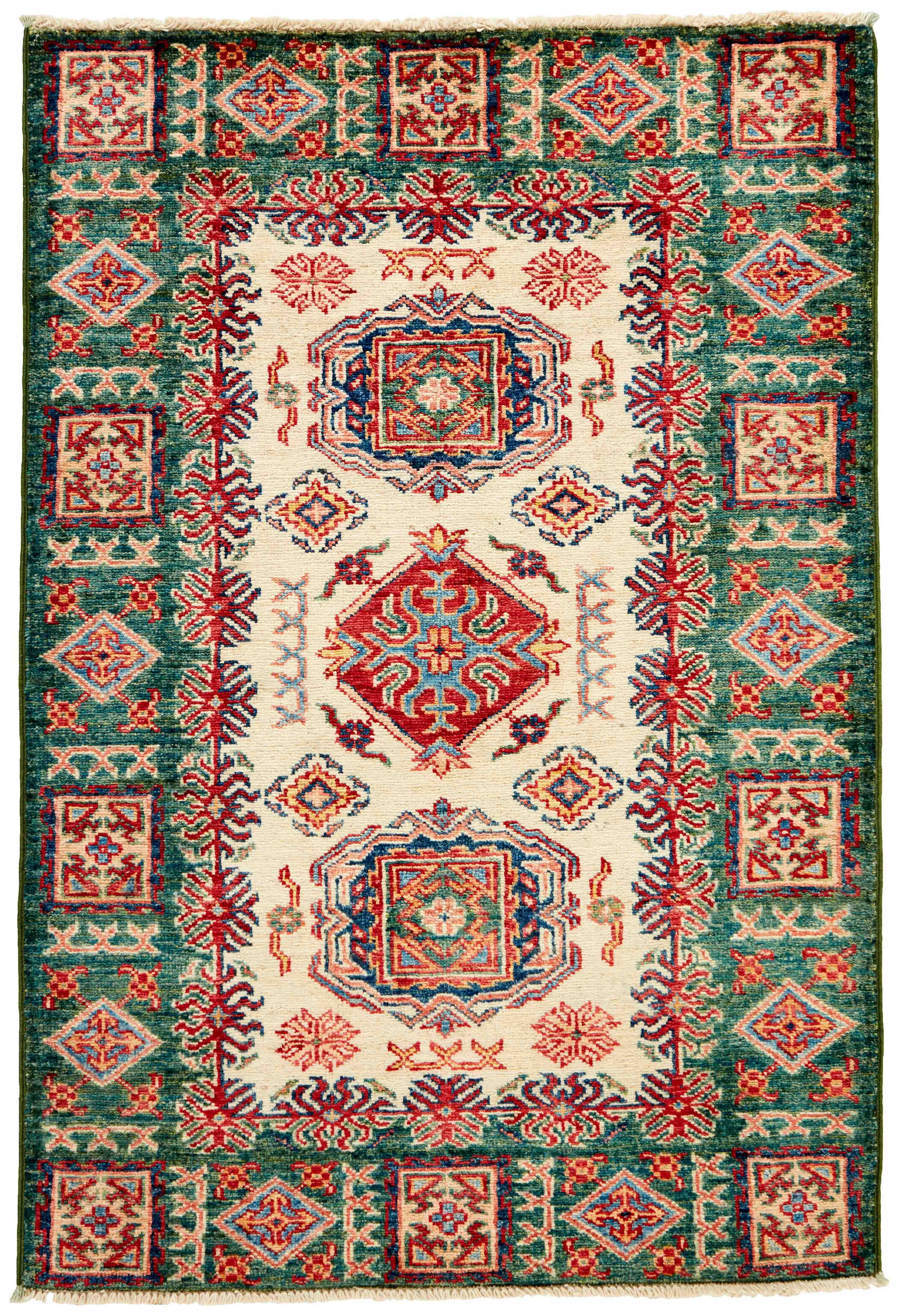 Authentic oriental rug with green and black traditional geometric design