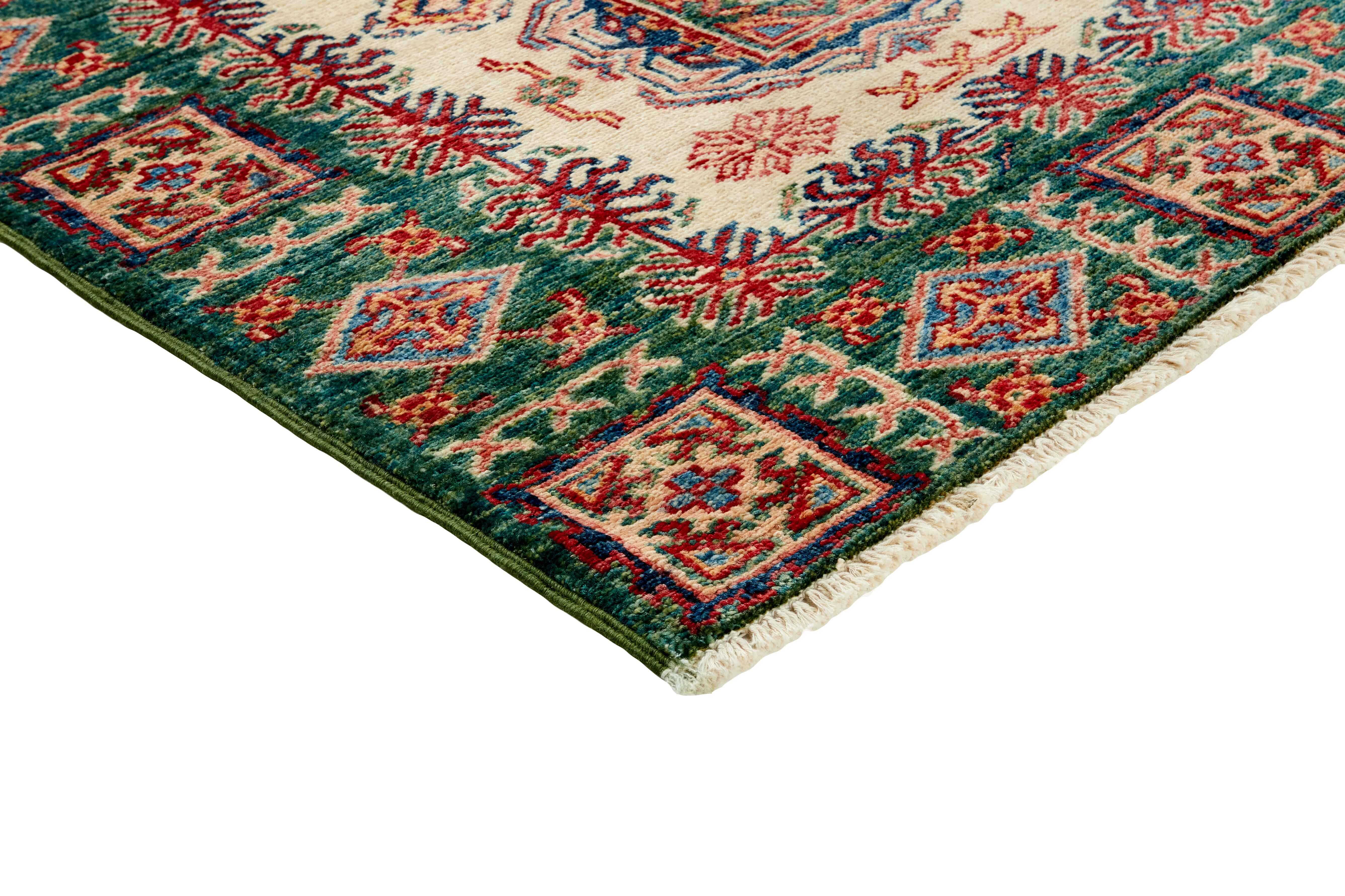 Authentic oriental rug with green and black traditional geometric design