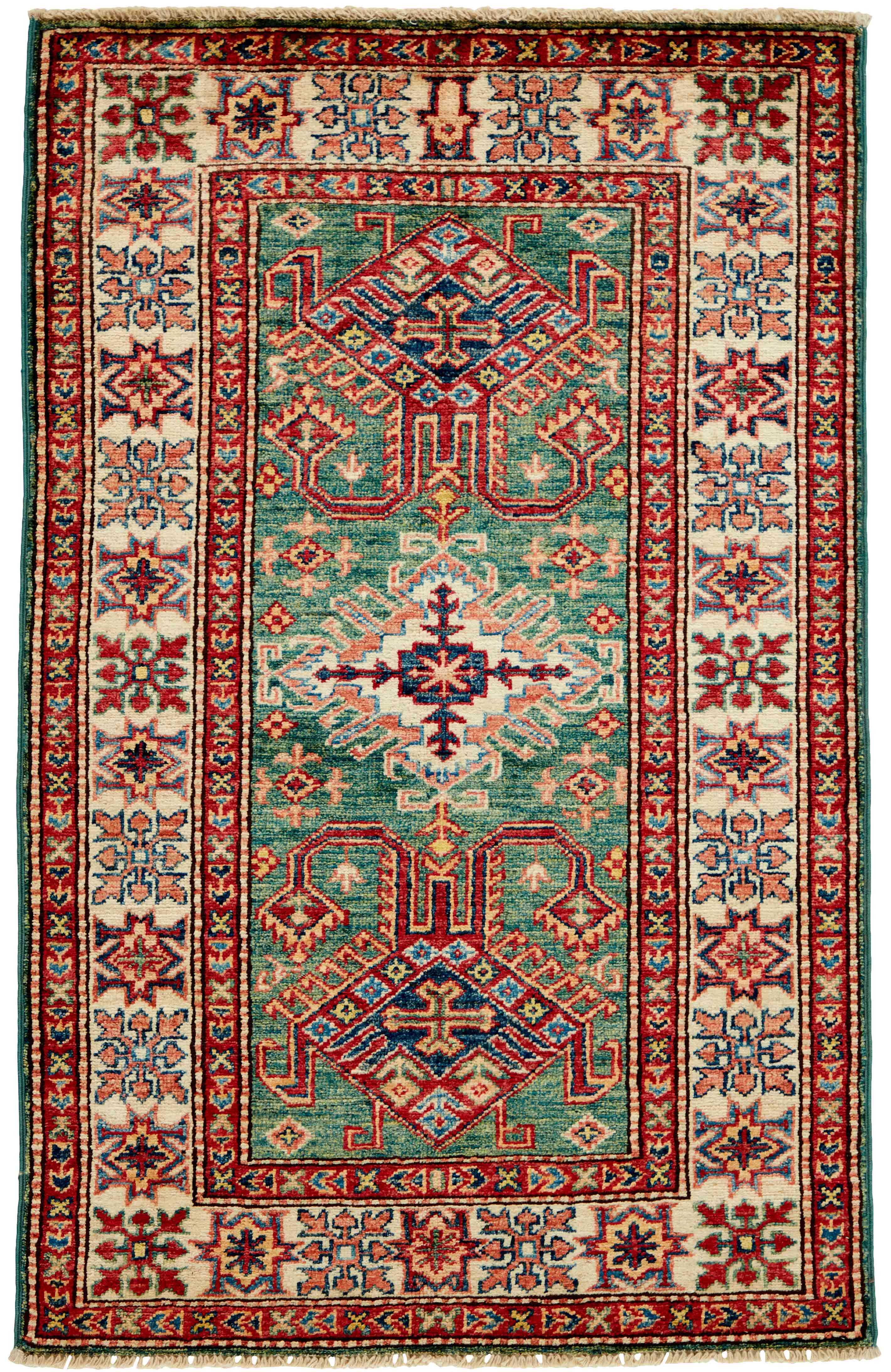 Authentic oriental rug with red, beige, yellow and blue traditional geometric design