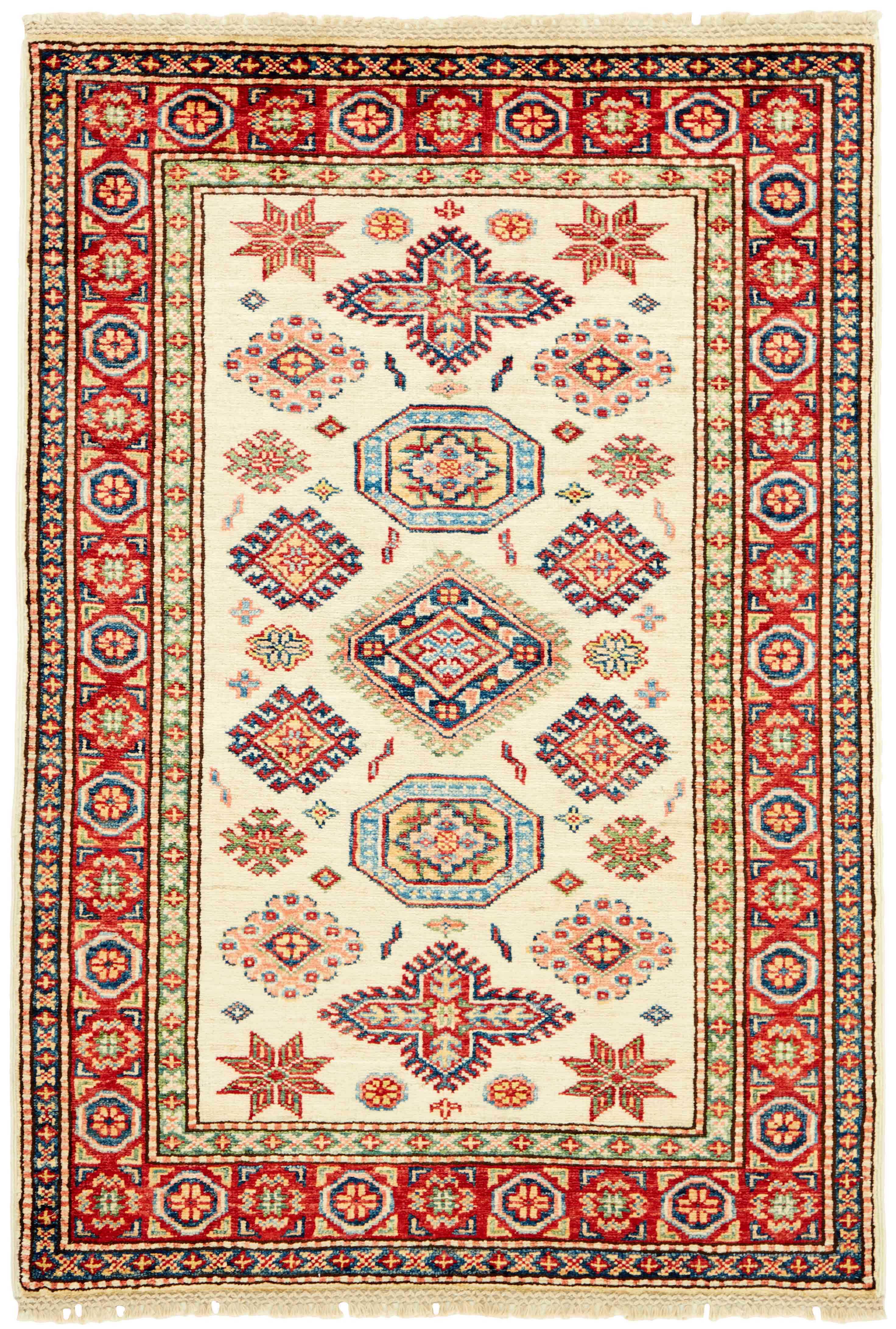 Authentic oriental rug with red, beige, yellow and blue traditional geometric design