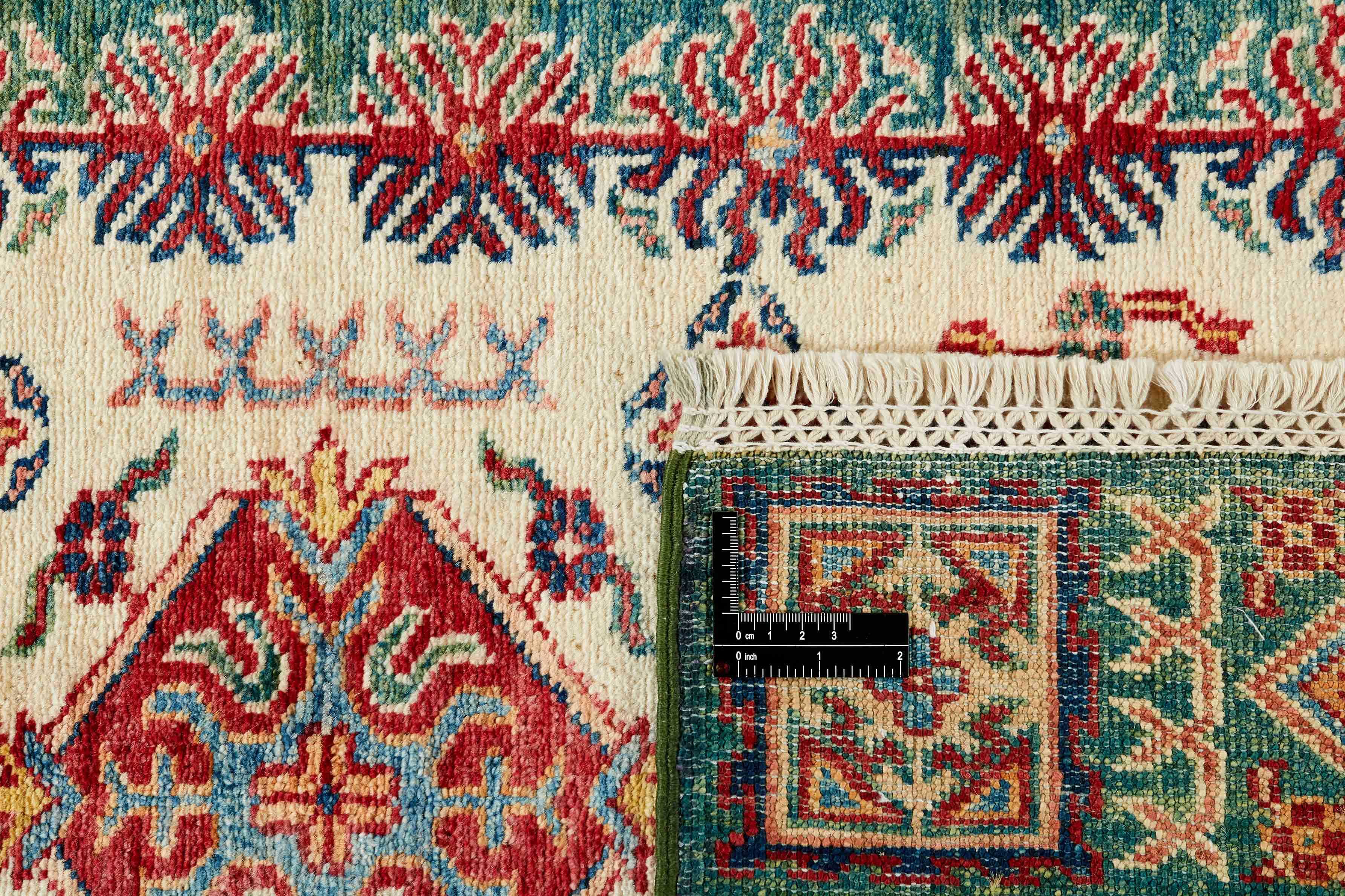 Authentic oriental rug with green and black traditional geometric design