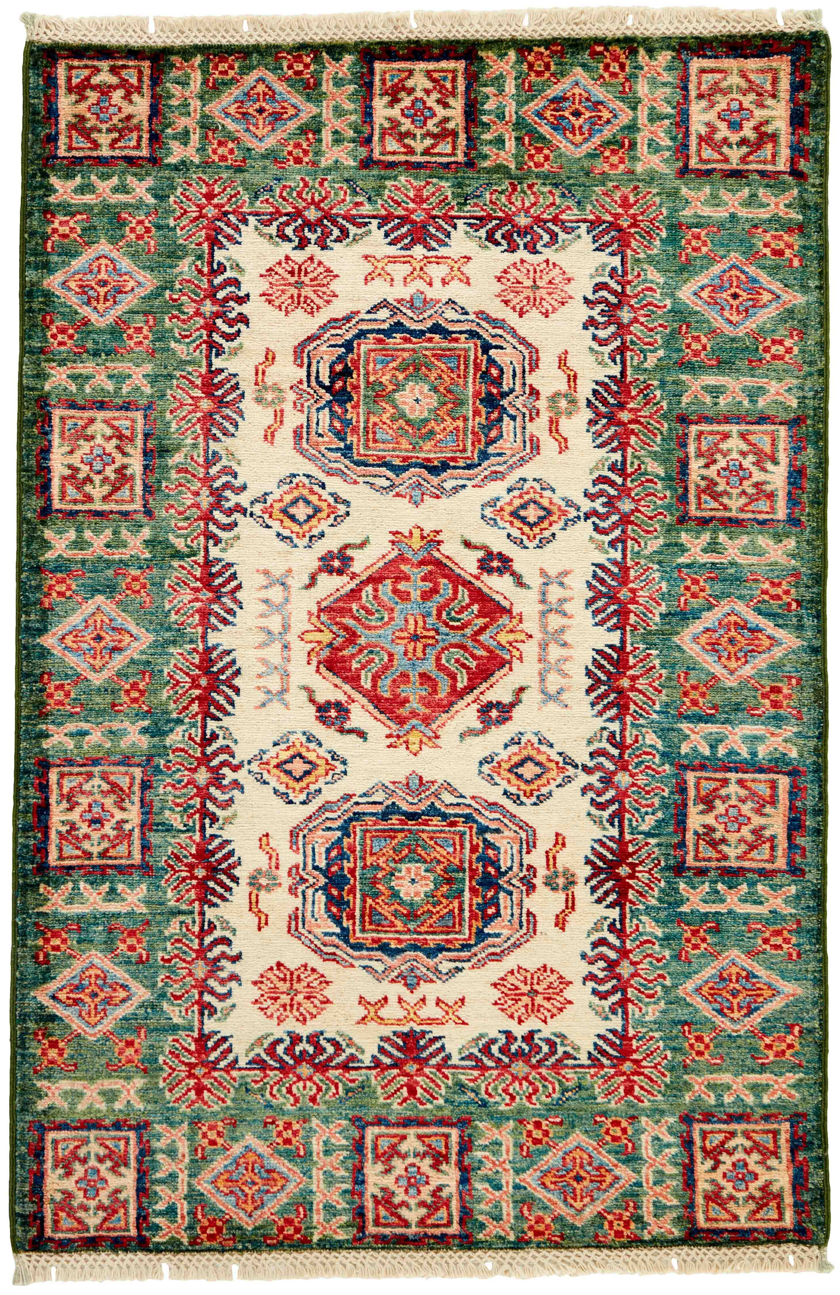 Authentic oriental rug with green and black traditional geometric design