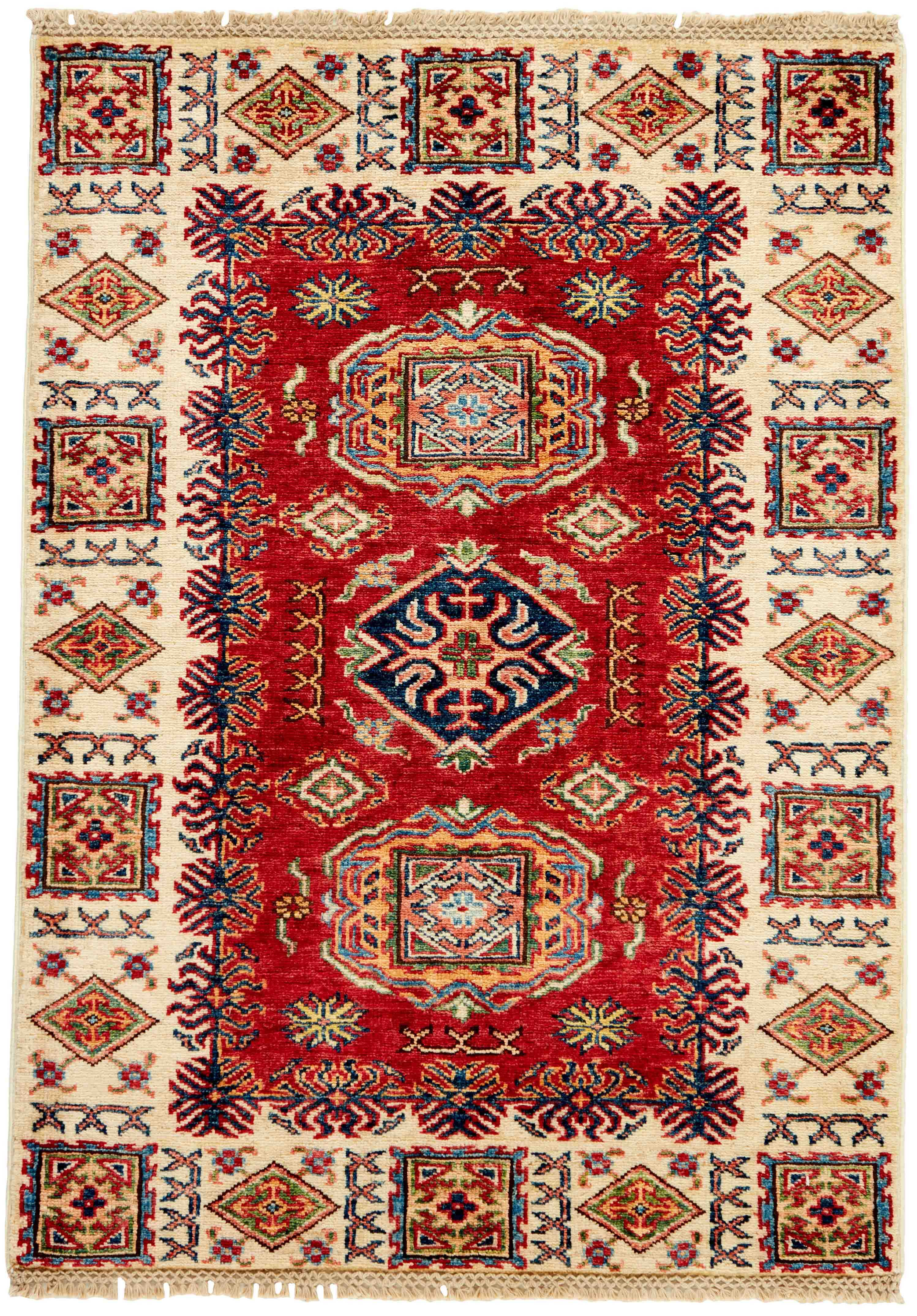 Authentic oriental rug with red, beige, yellow and blue traditional geometric design