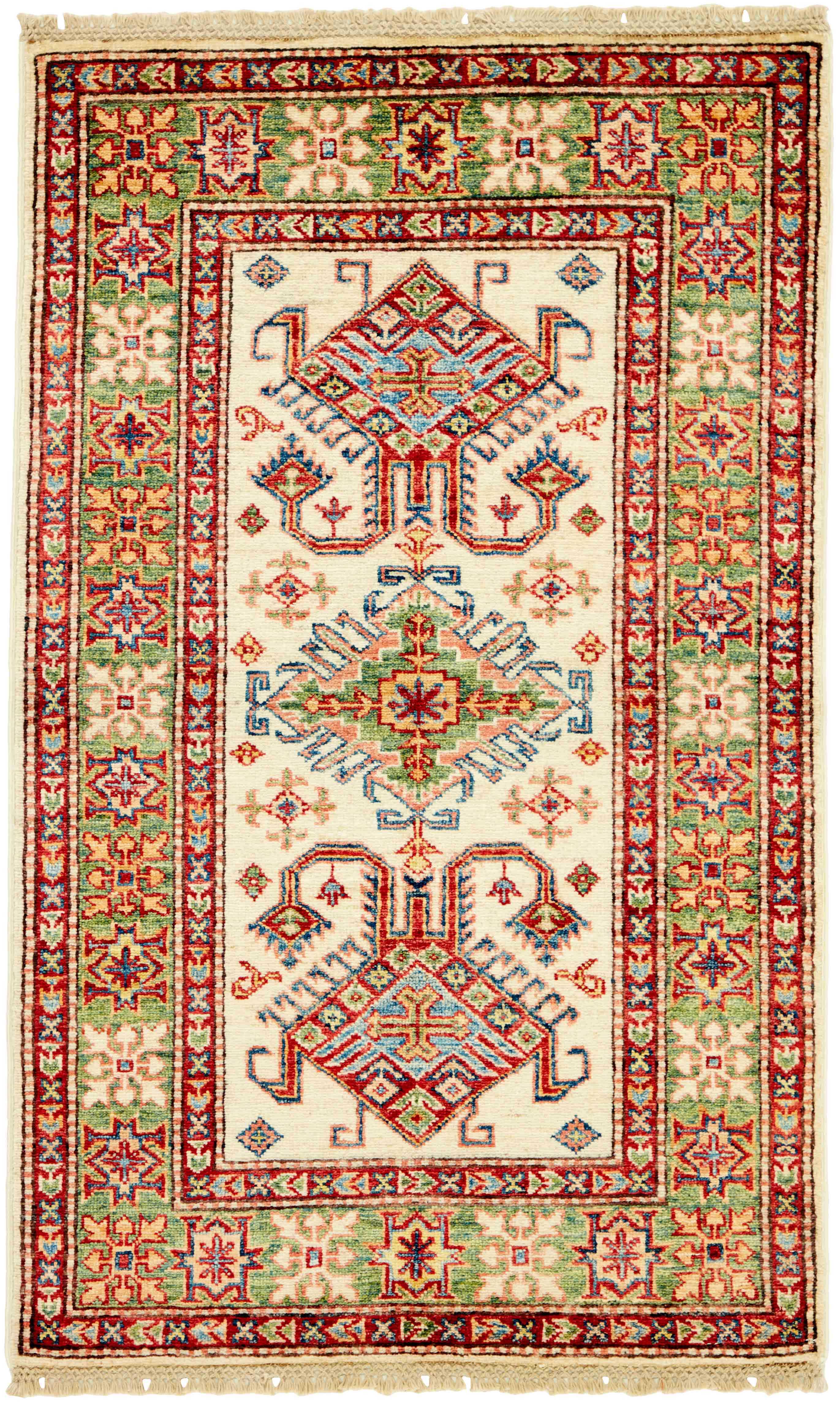Authentic oriental rug with red, beige, yellow and blue traditional geometric design