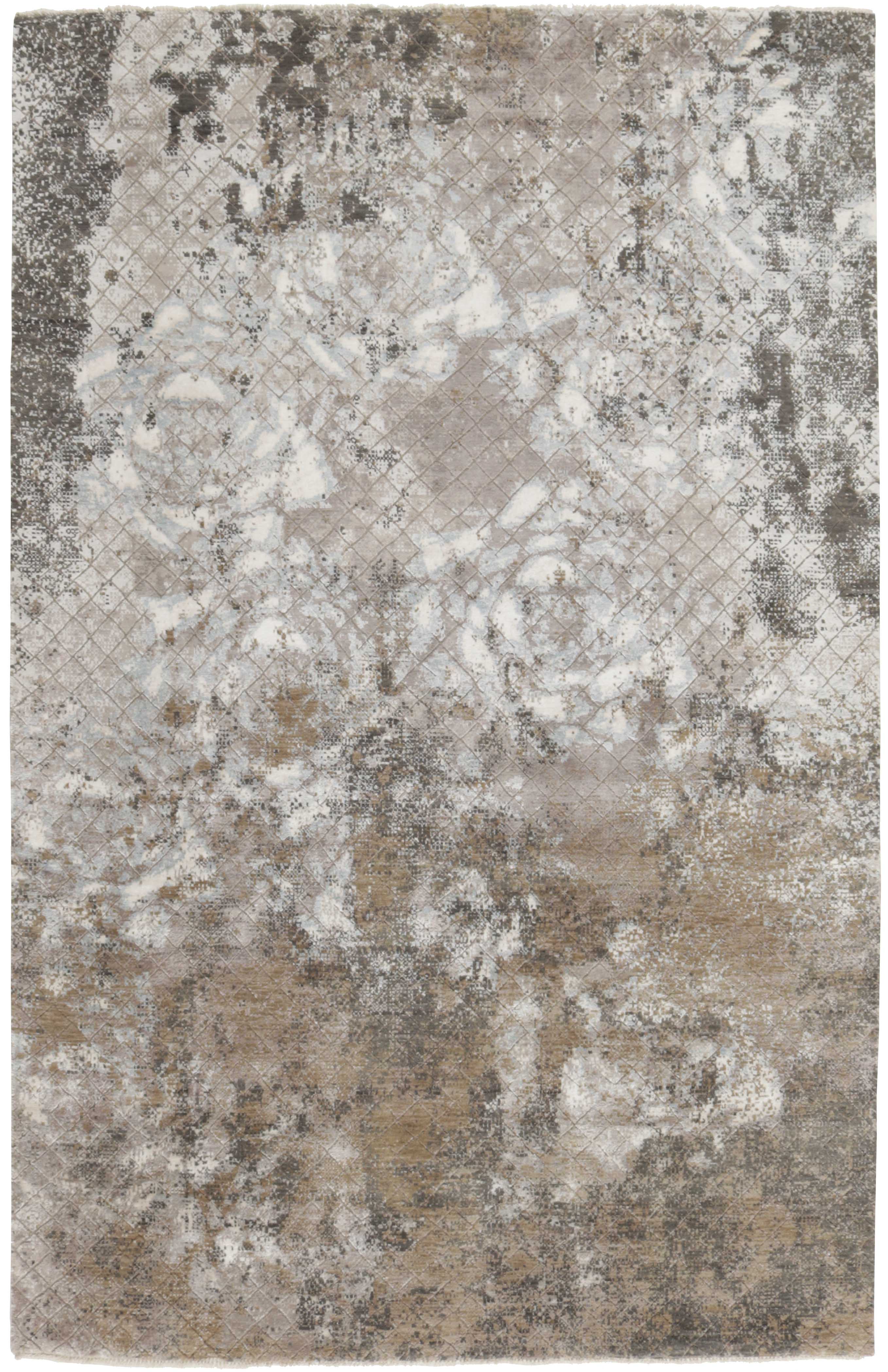 Large area rug with abstract floral design in grey and beige