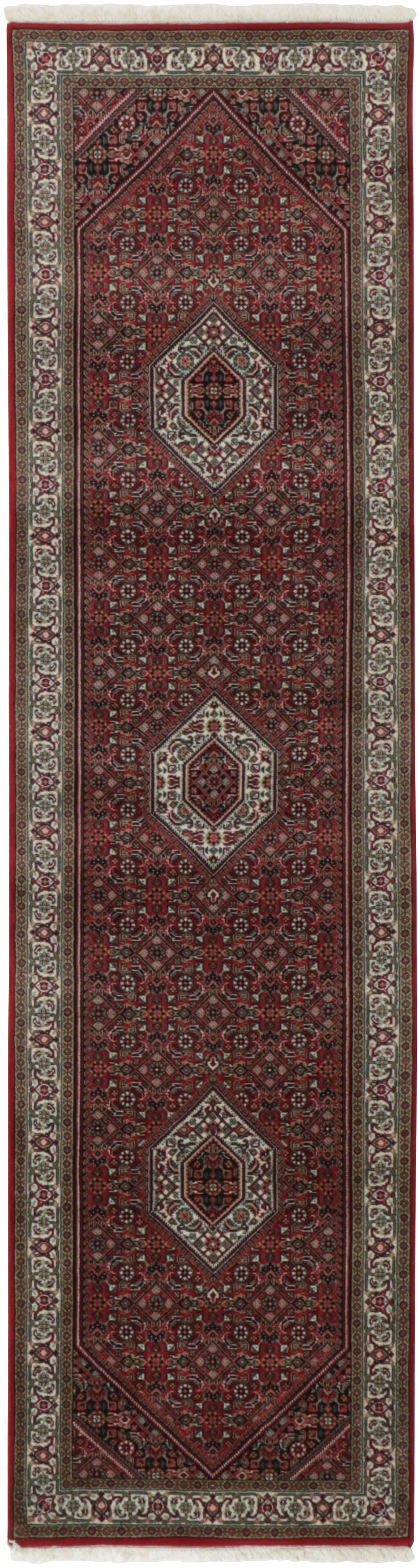 Authentic oriental rug with central medallion and traditional motifs in red, cream and brown