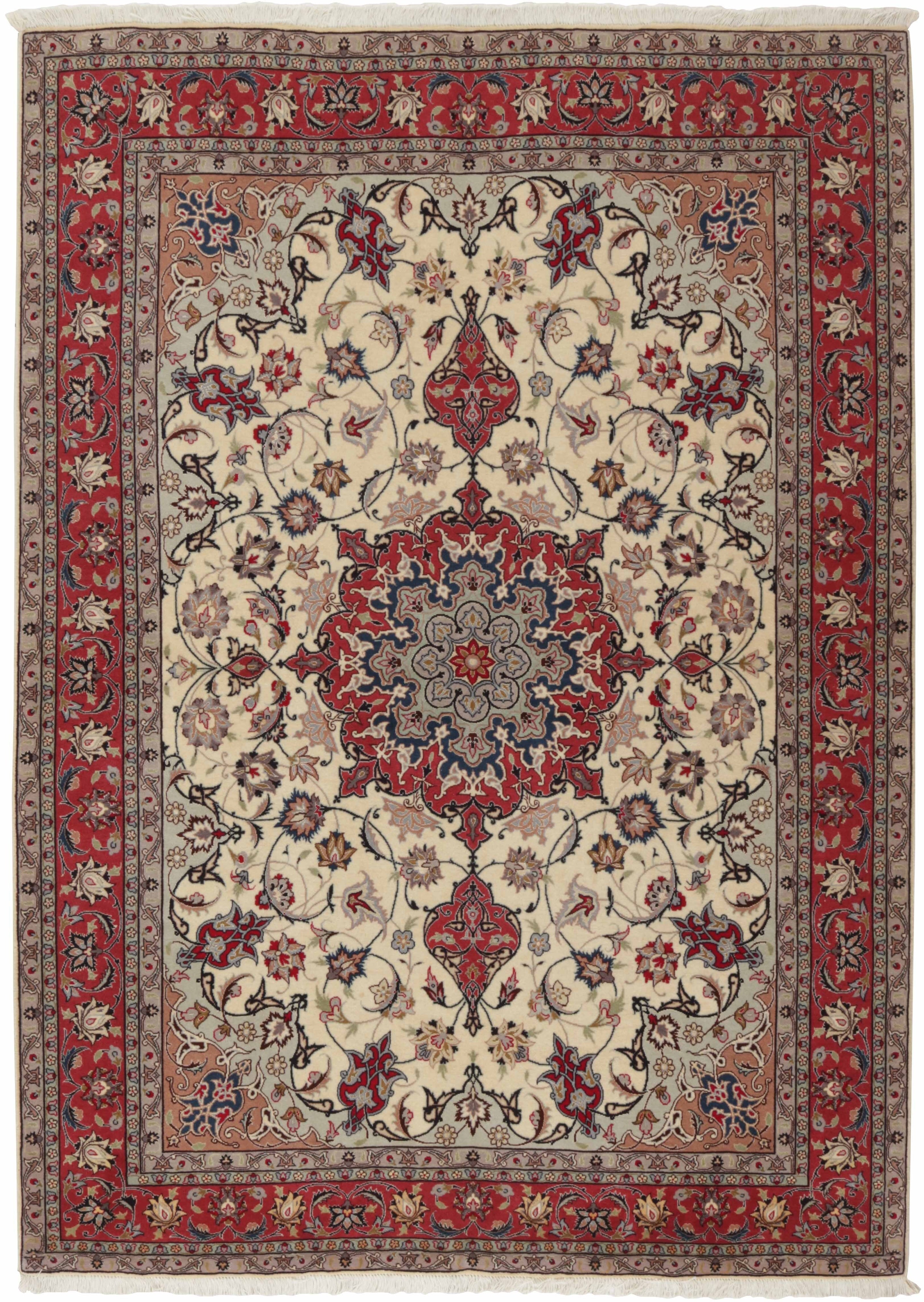 Authentic persian rug with traditional floral design in red, blue and beige