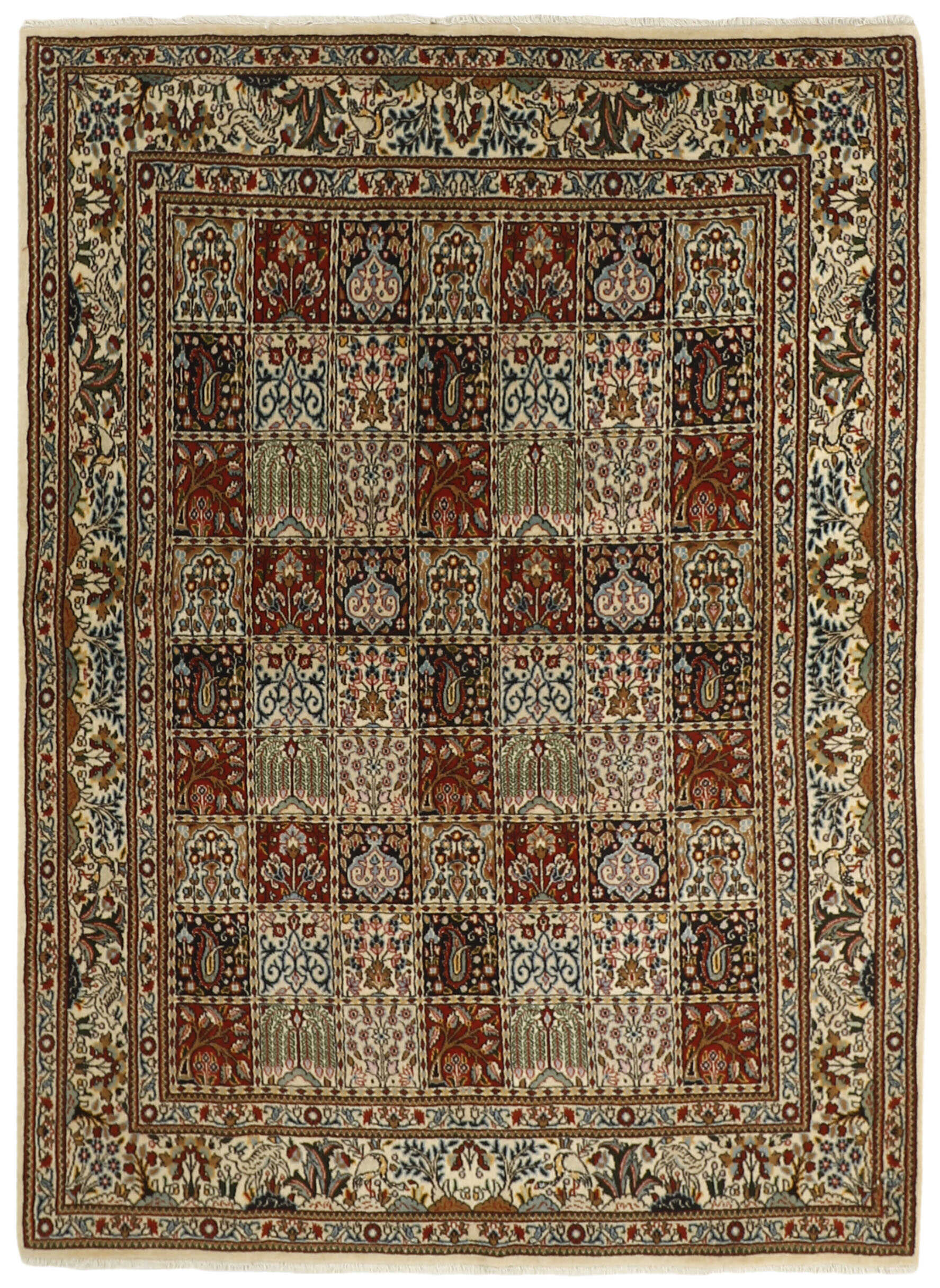 authentic persian rug with floral pattern in beige, blue and red