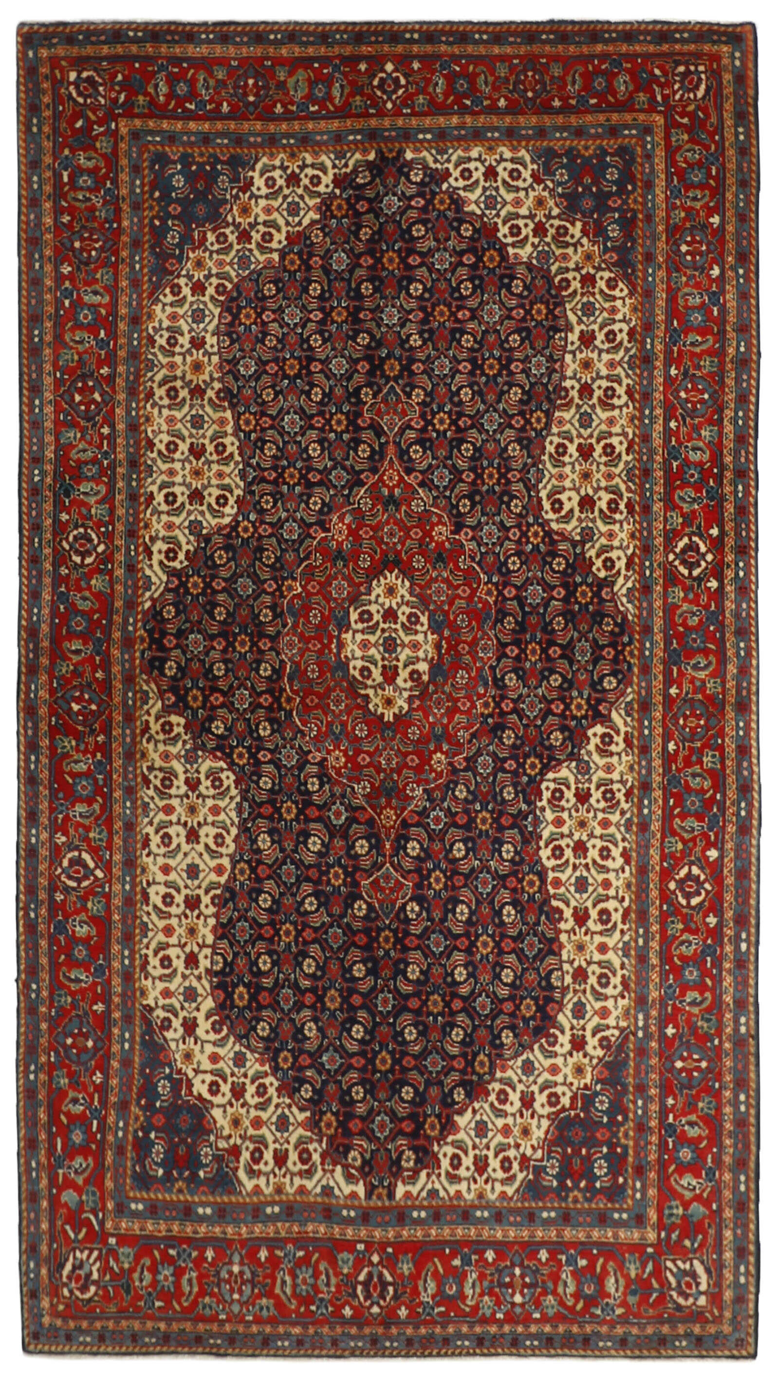 Authentic persian rug with traditional floral design in red, blue and beige