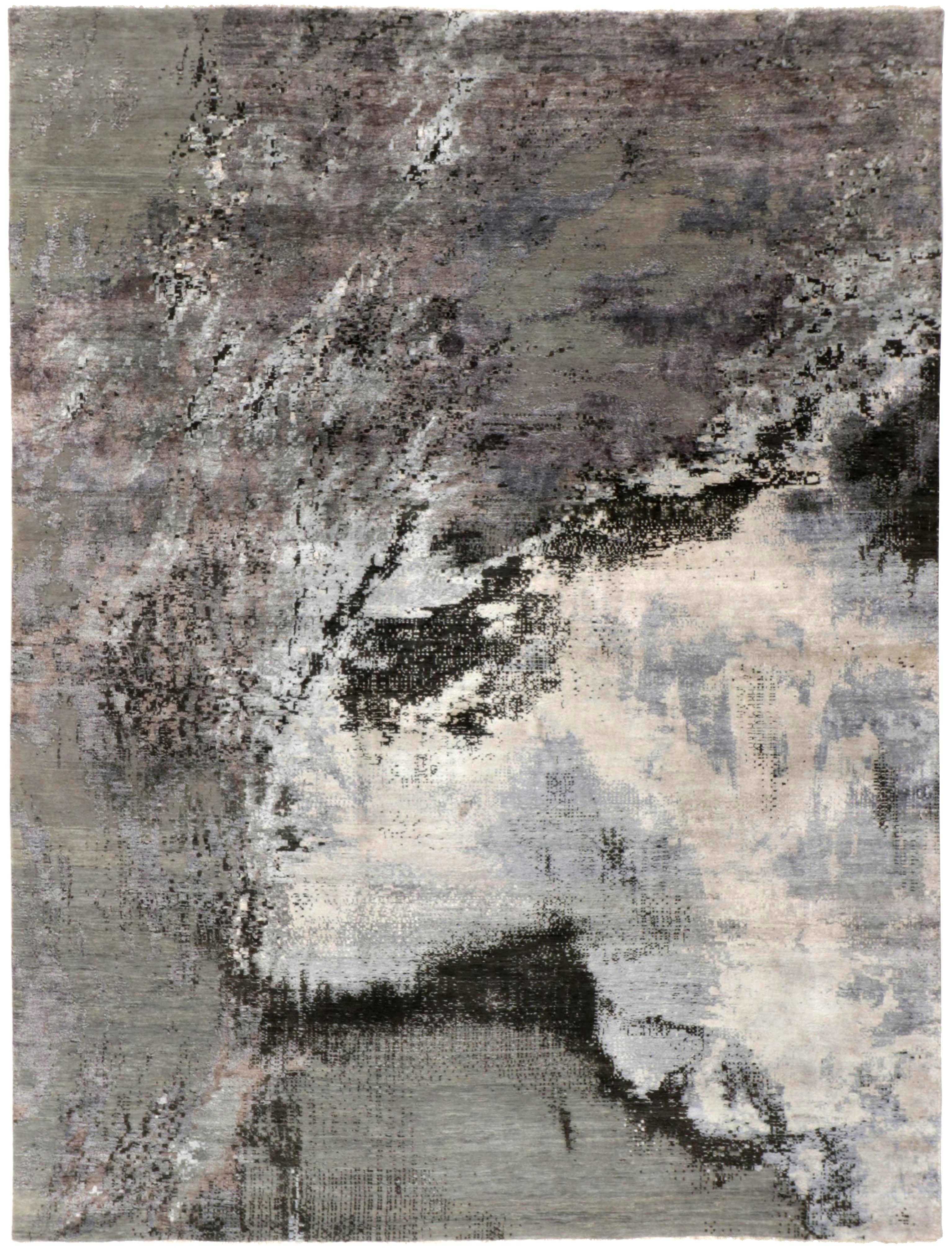 Large area rug with abstract design in grey and taupe