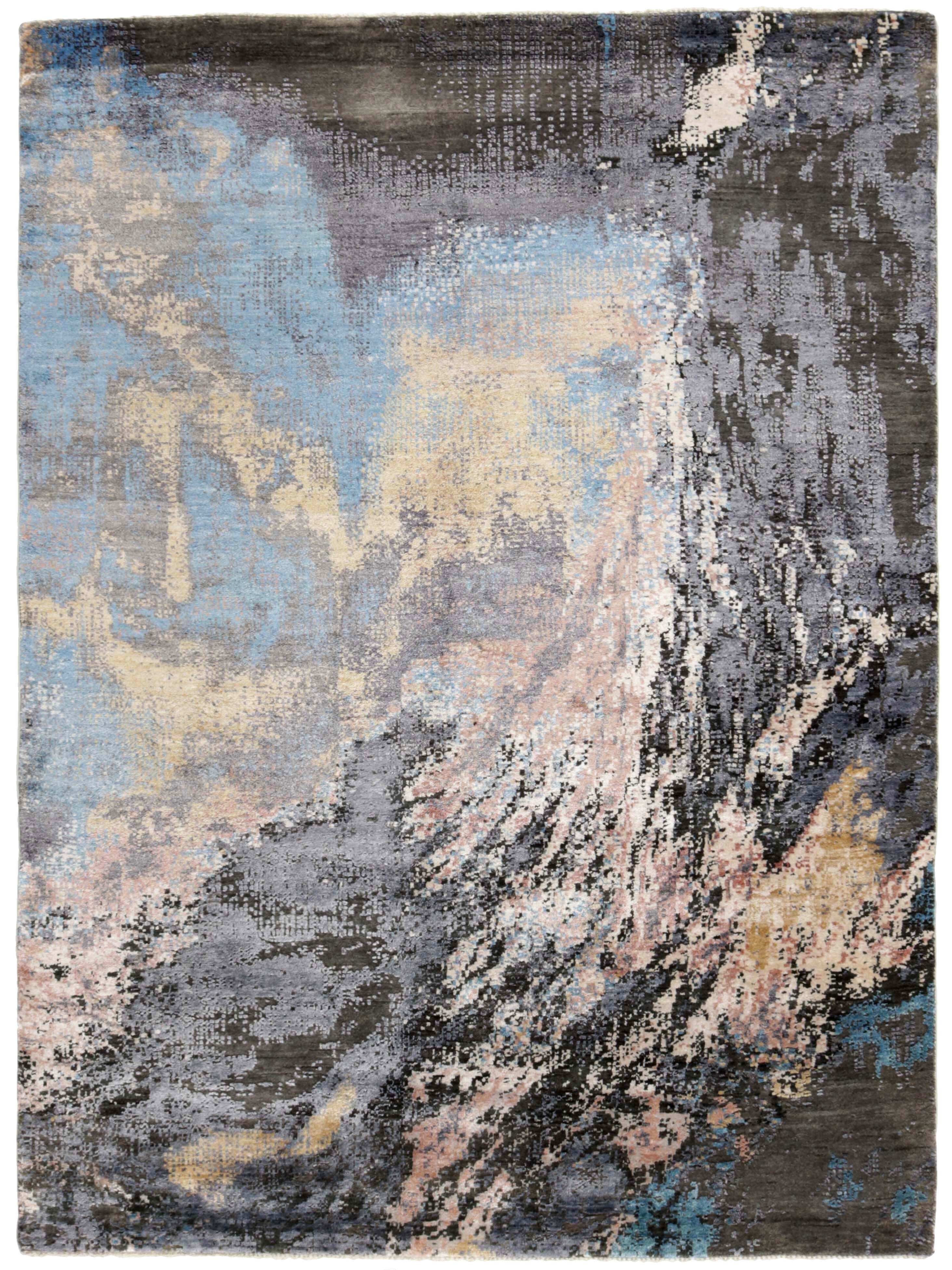 Large area rug with abstract design in grey, beige, blue and red