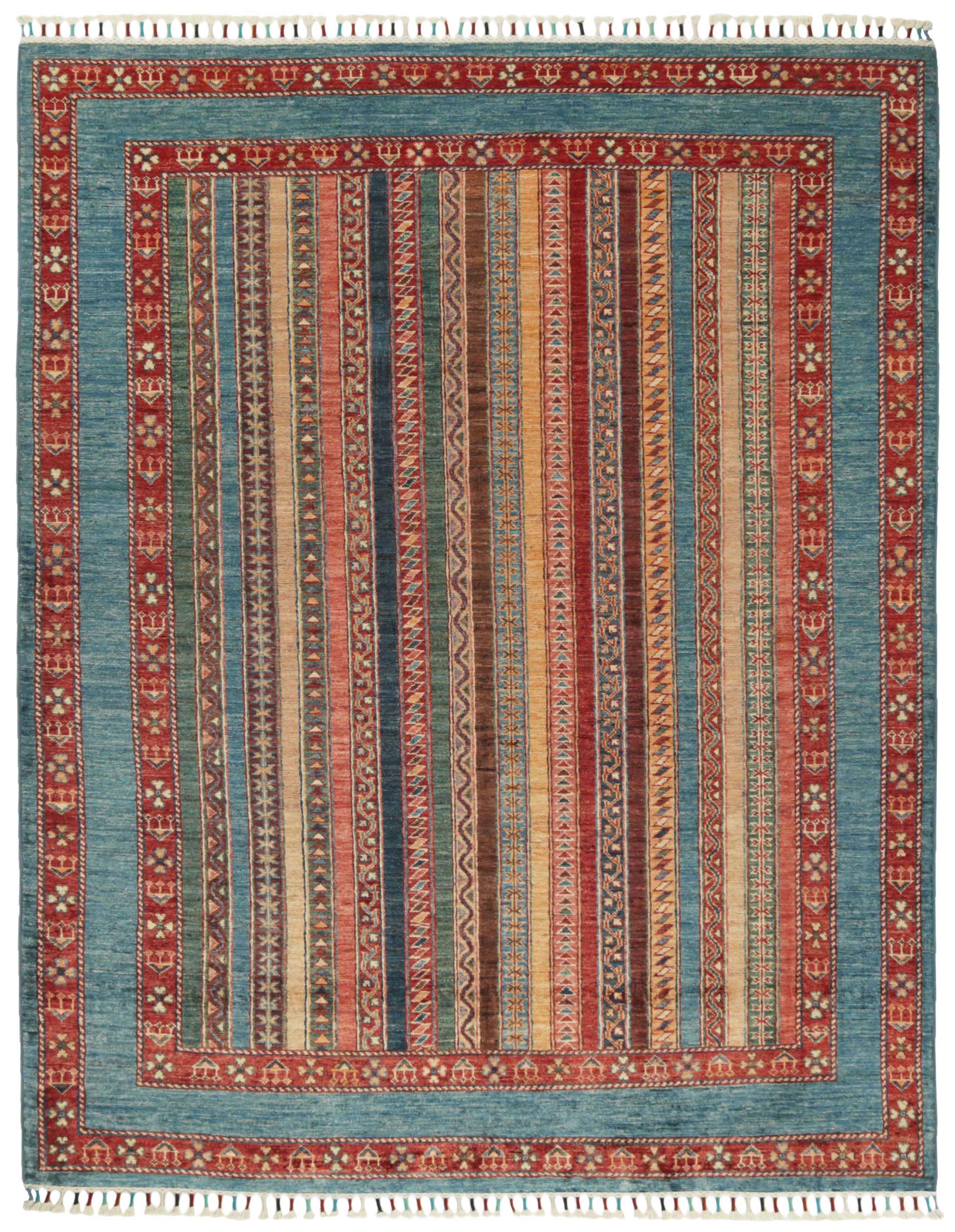 Authentic oriental rug with traditional tile pattern in red, yellow and blue