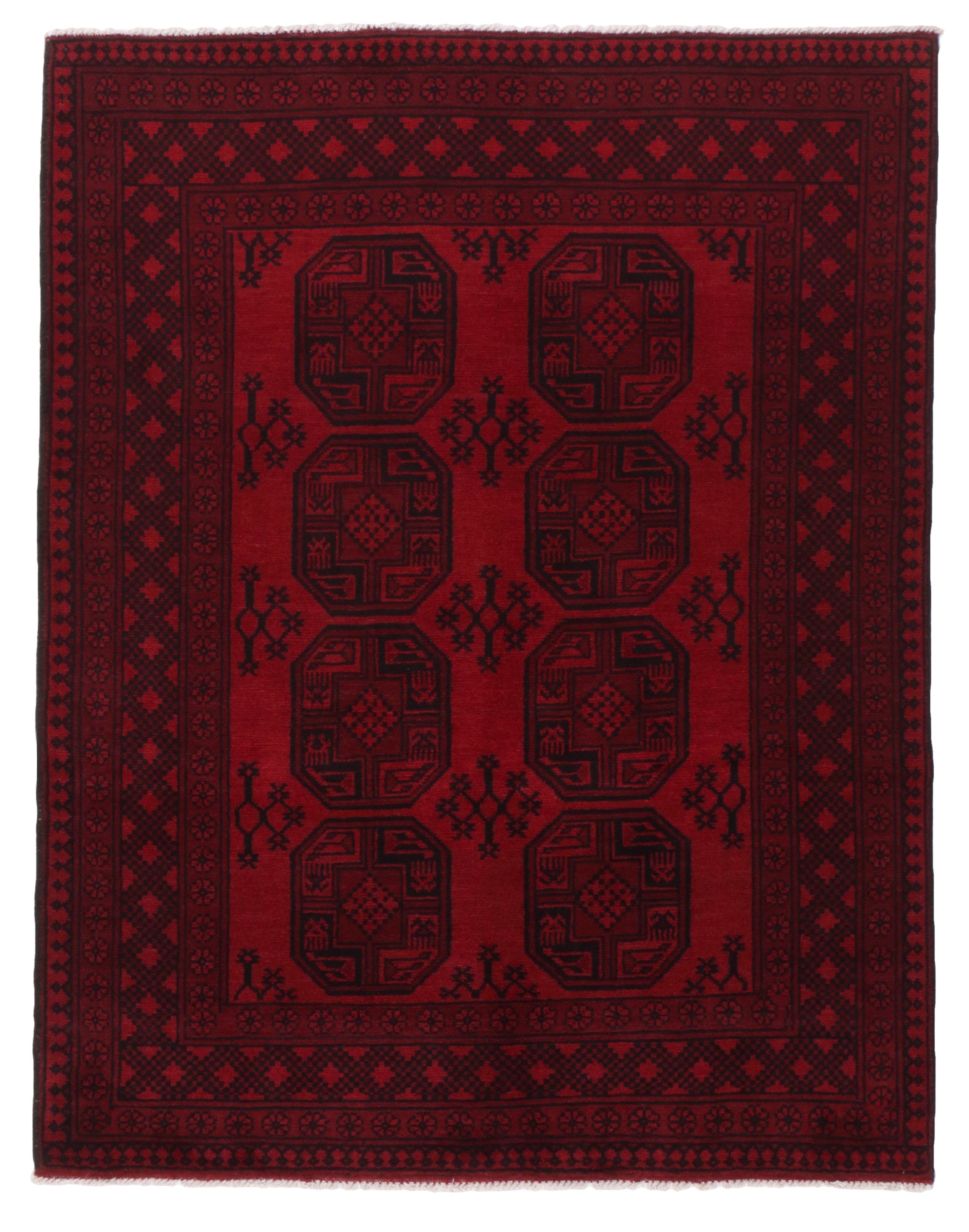 Red oriental rug with traditional elephant's foot pattern