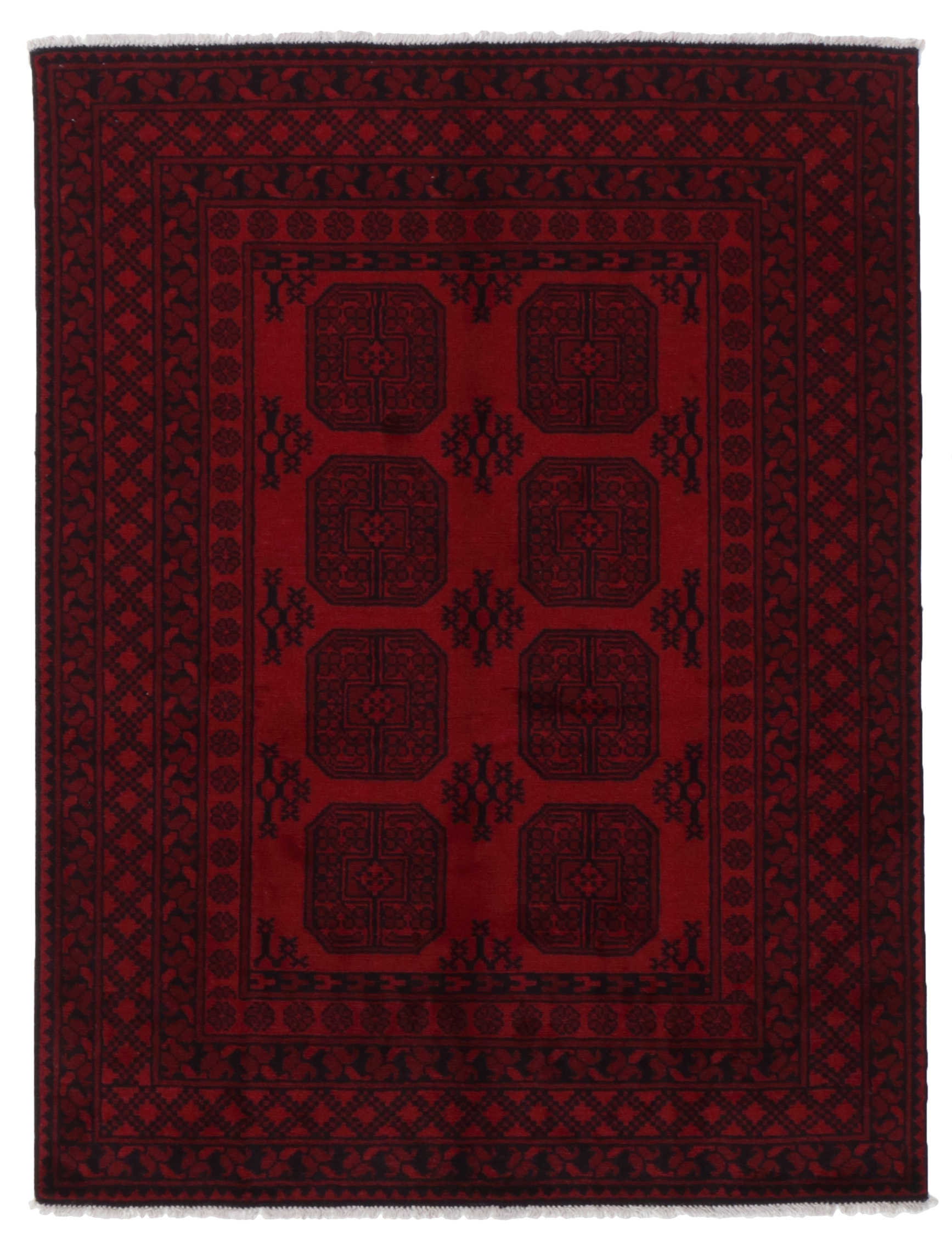 Red oriental rug with traditional elephant's foot pattern