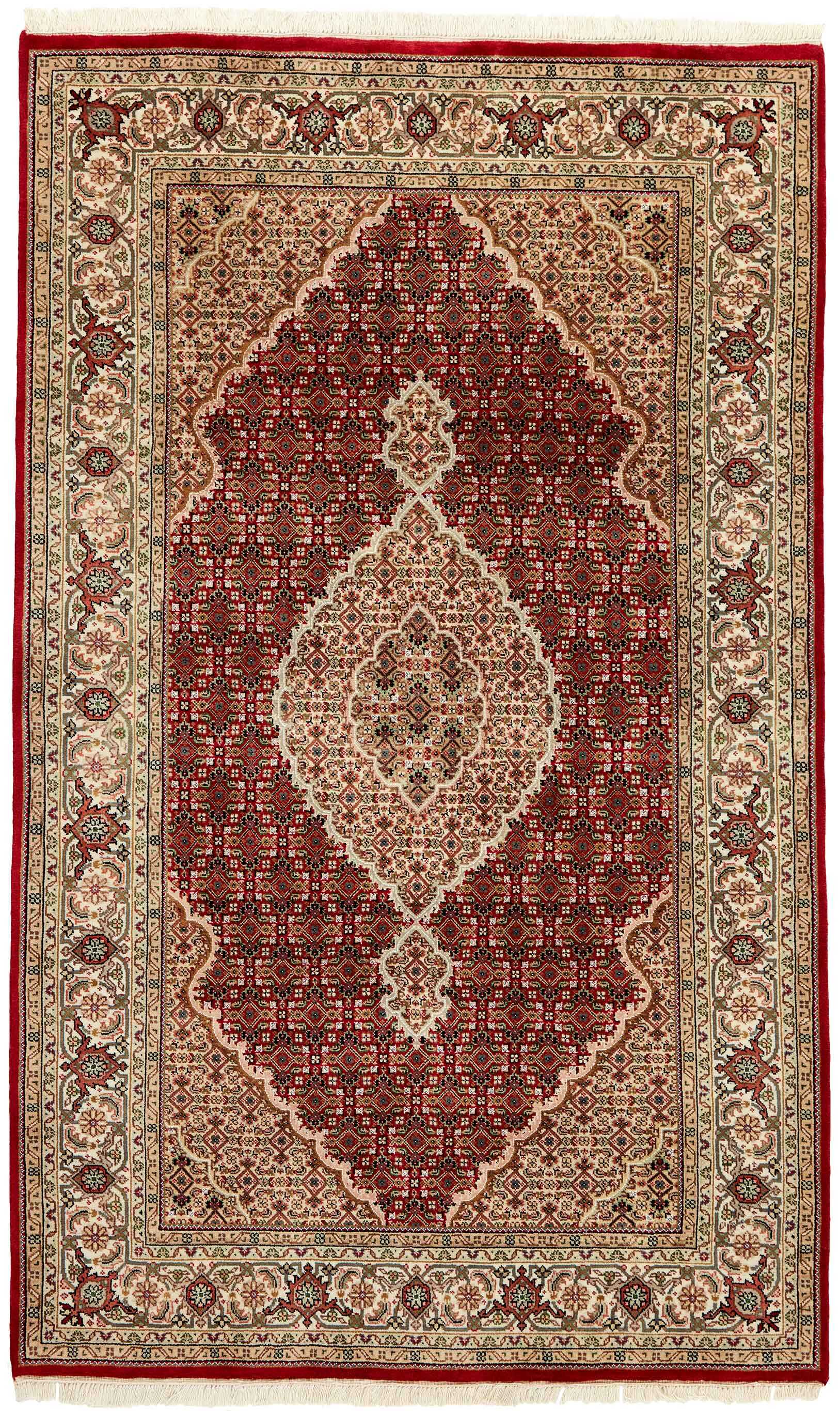 Authentic Oriental rug with traditional geometric and floral design in red