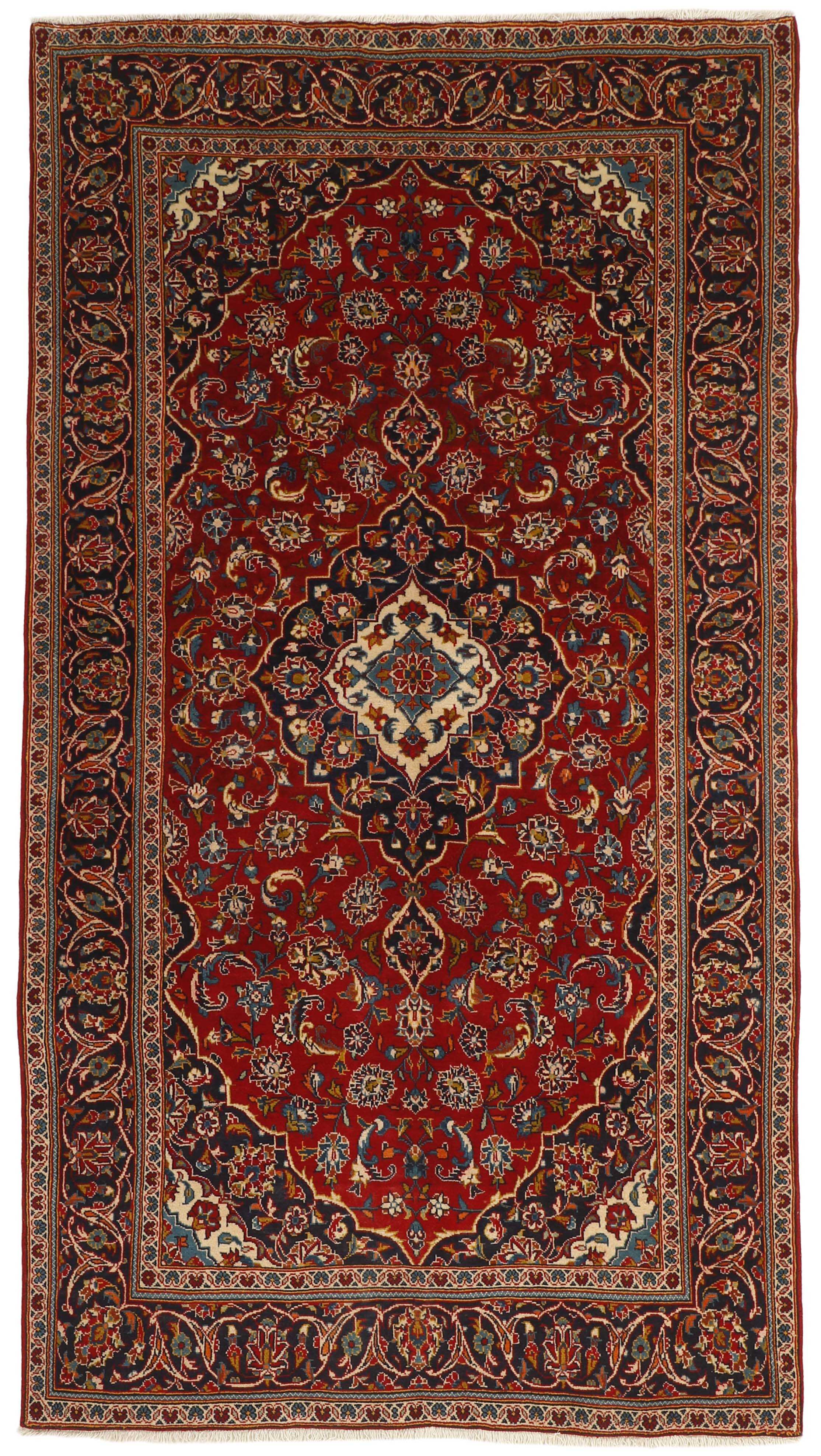 Authentic persian rug with traditional floral design in red and blue