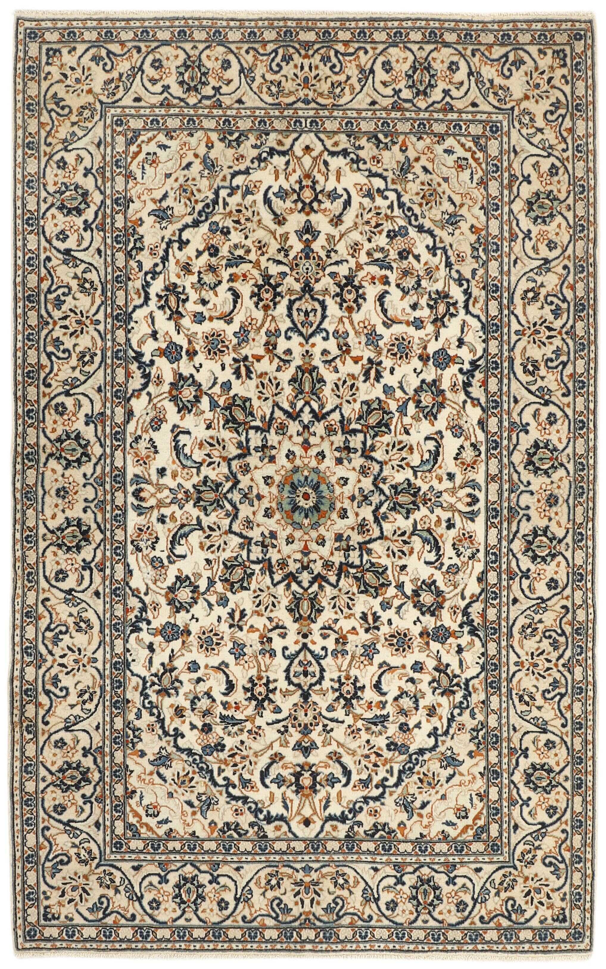 Authentic persian rug with traditional floral design in beige and blue
