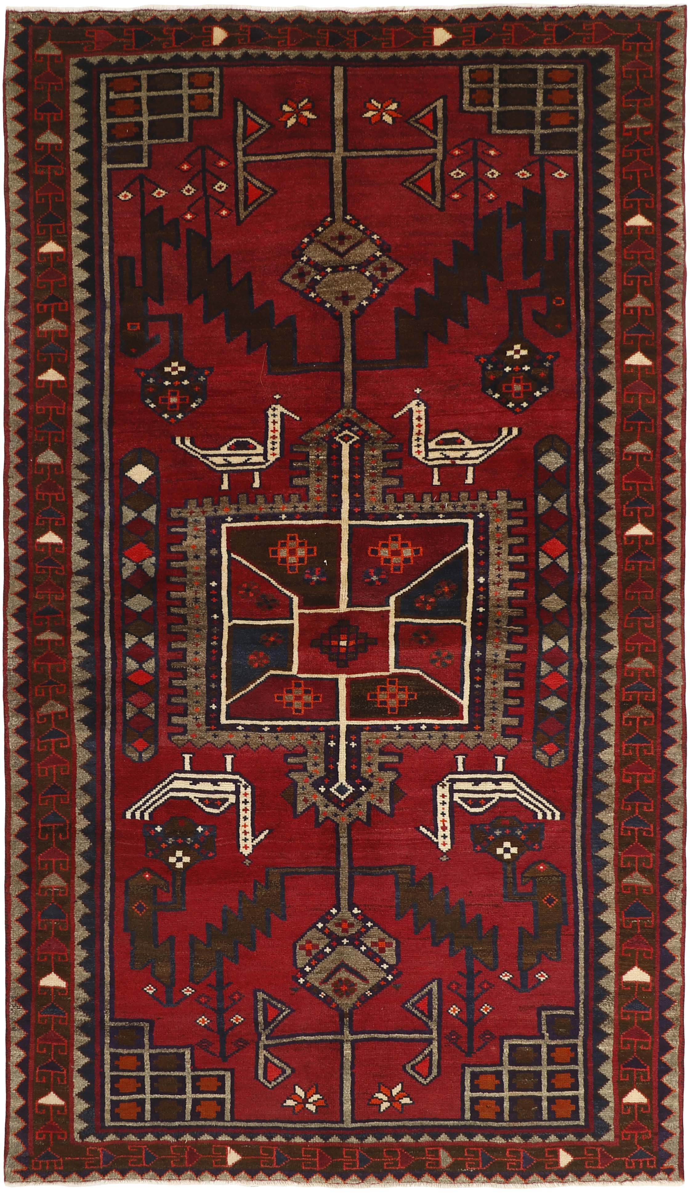 Red and white persian rug with traditional tribal geometric pattern