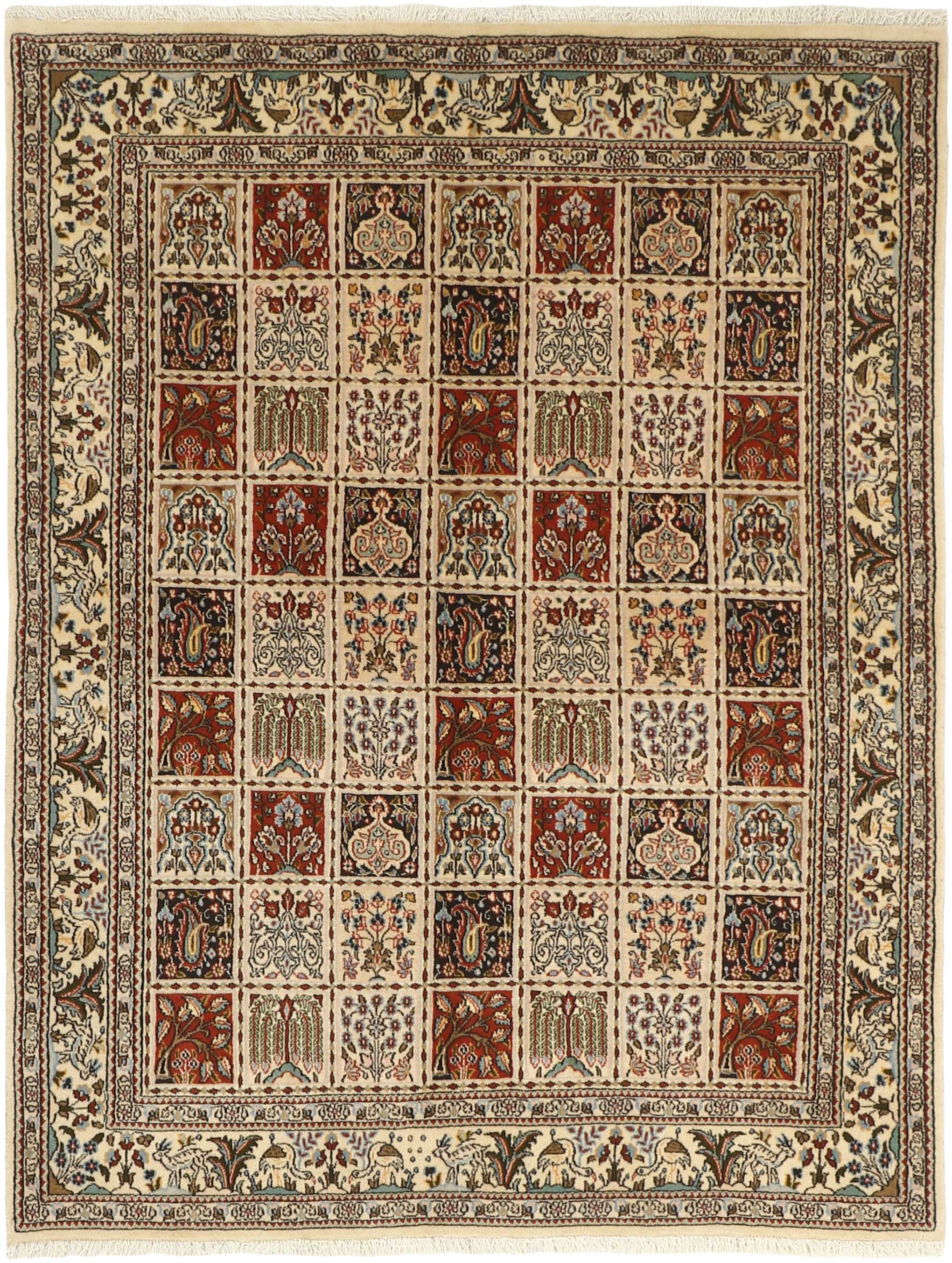 authentic persian rug with floral pattern in beige, blue and red
