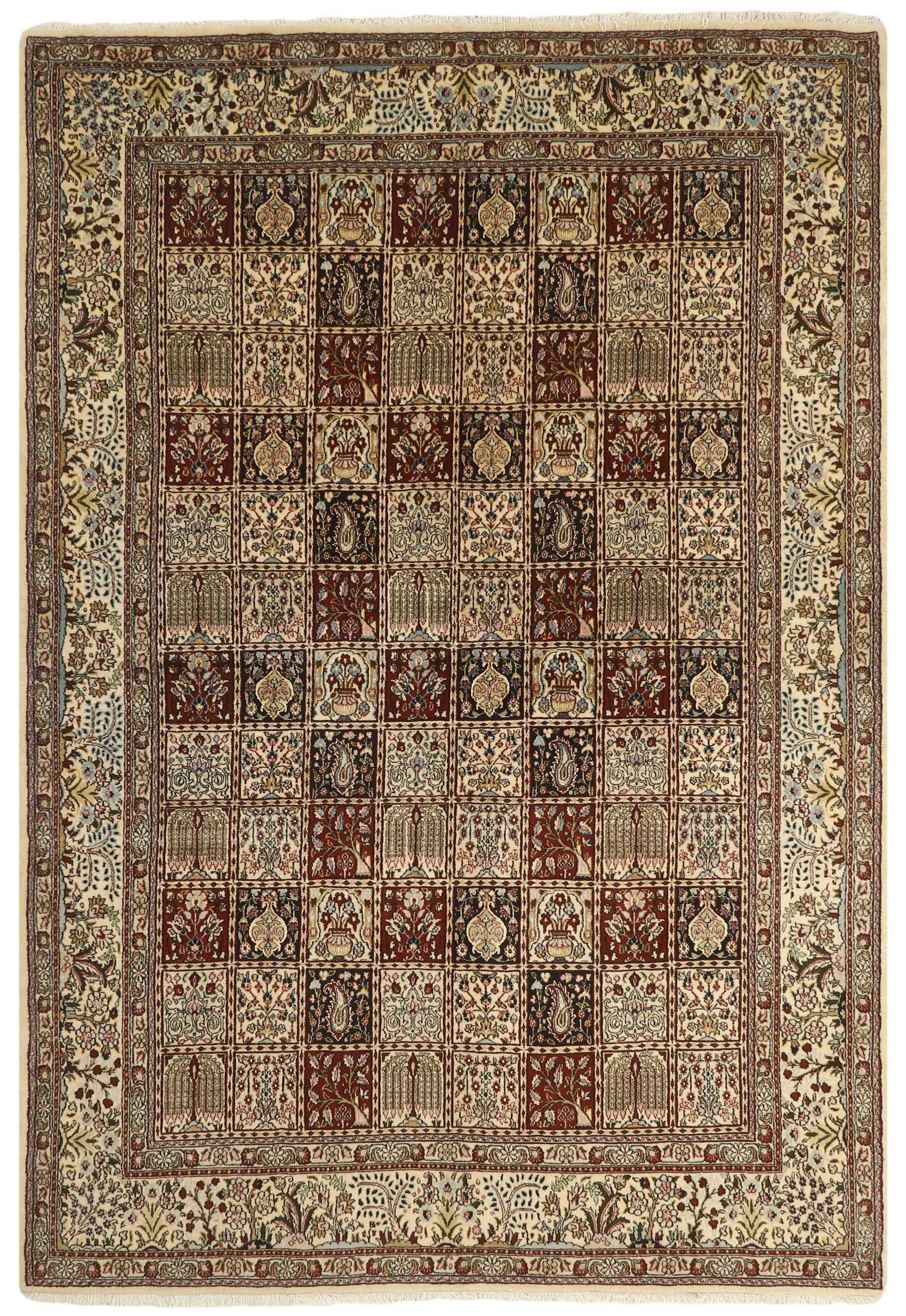 authentic persian rug with floral pattern in beige, blue and red