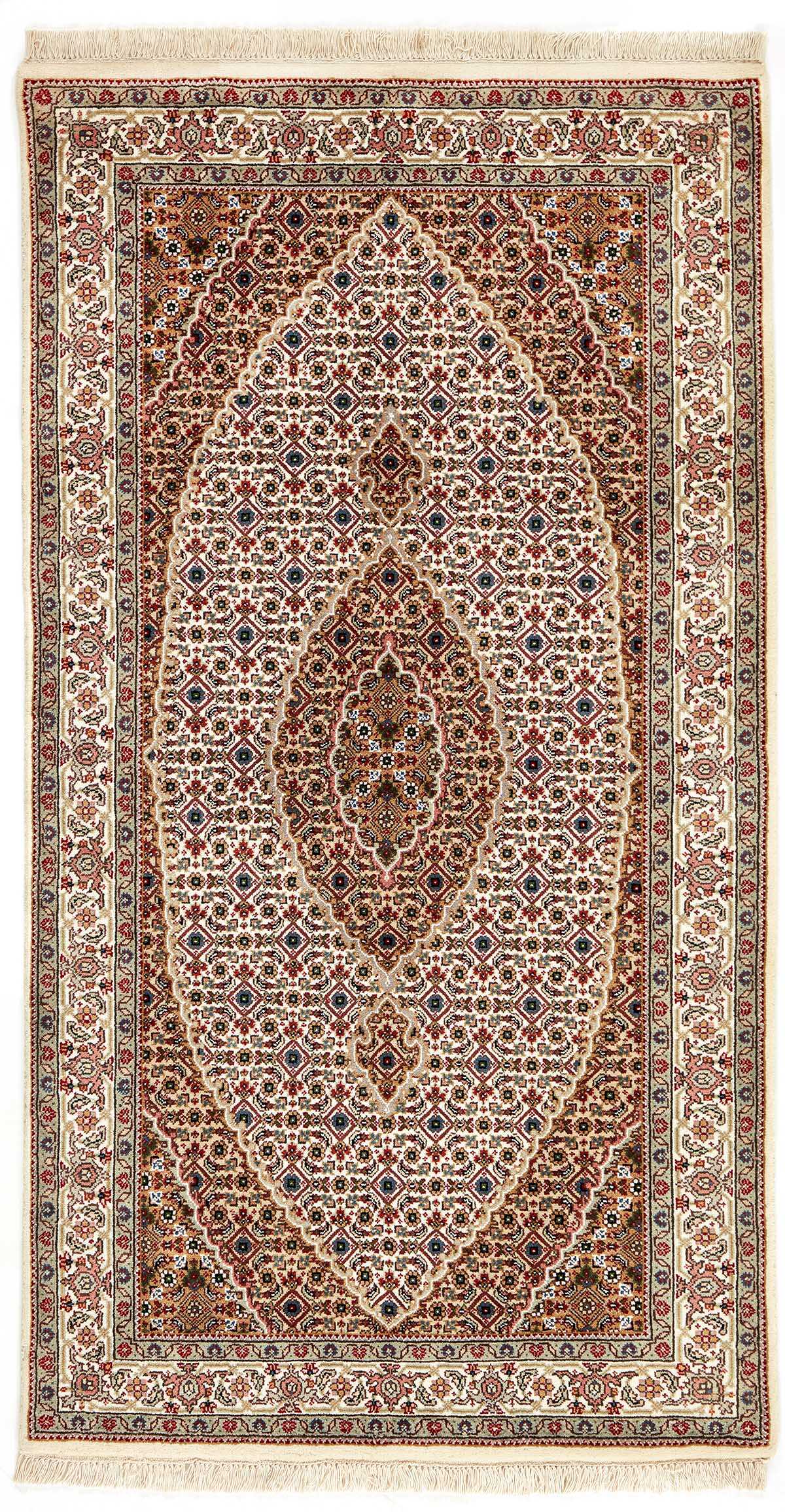 Authentic Oriental rug with traditional geometric and floral design in red, grey, black and beige.