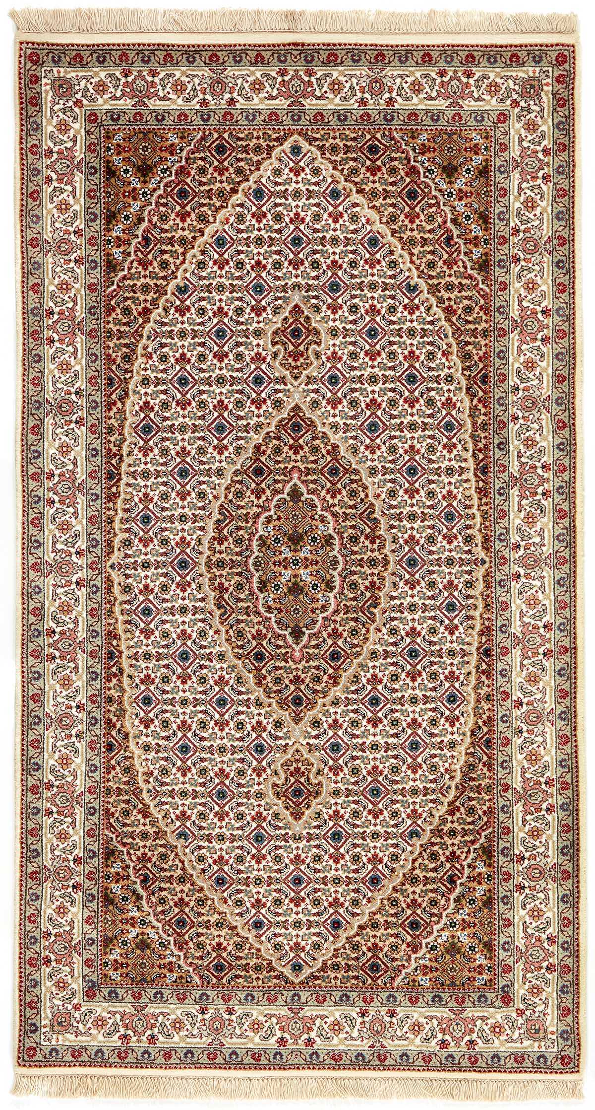 Authentic Oriental rug with traditional geometric and floral design in red, grey, black and beige.