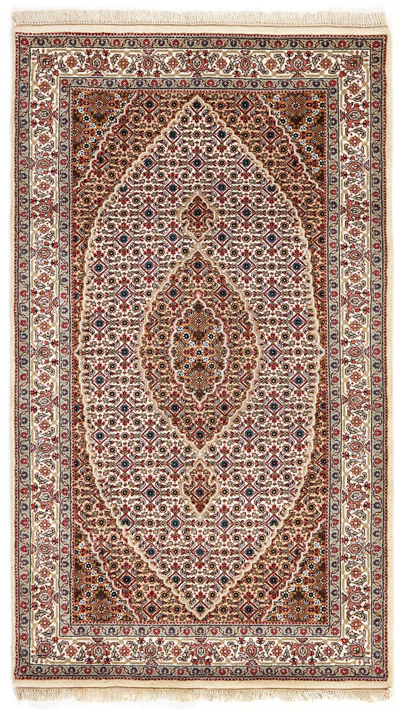 Authentic Oriental rug with traditional geometric and floral design in red, grey, black and beige.