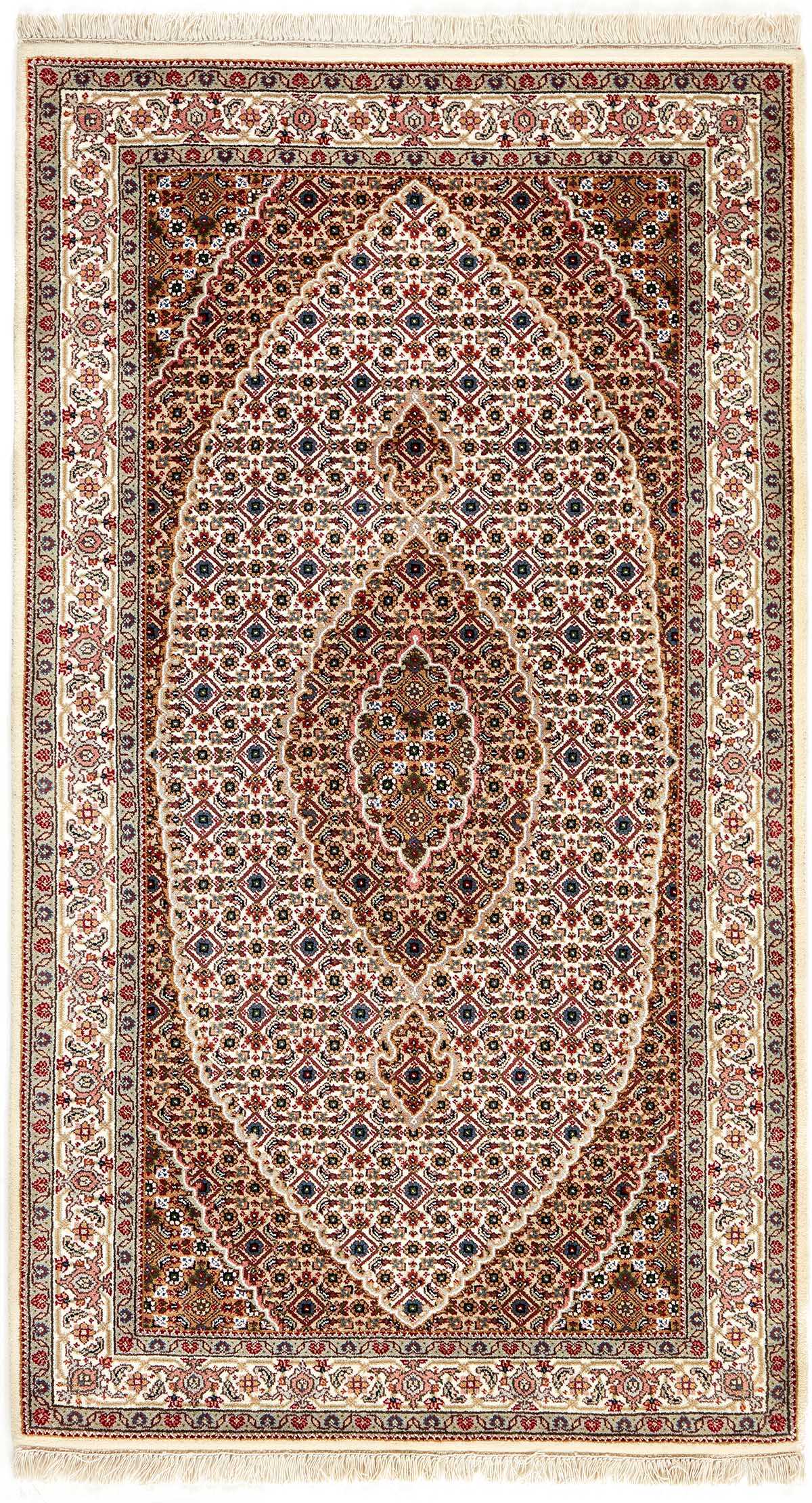 Authentic Oriental rug with traditional geometric and floral design in red, grey, black and beige.
