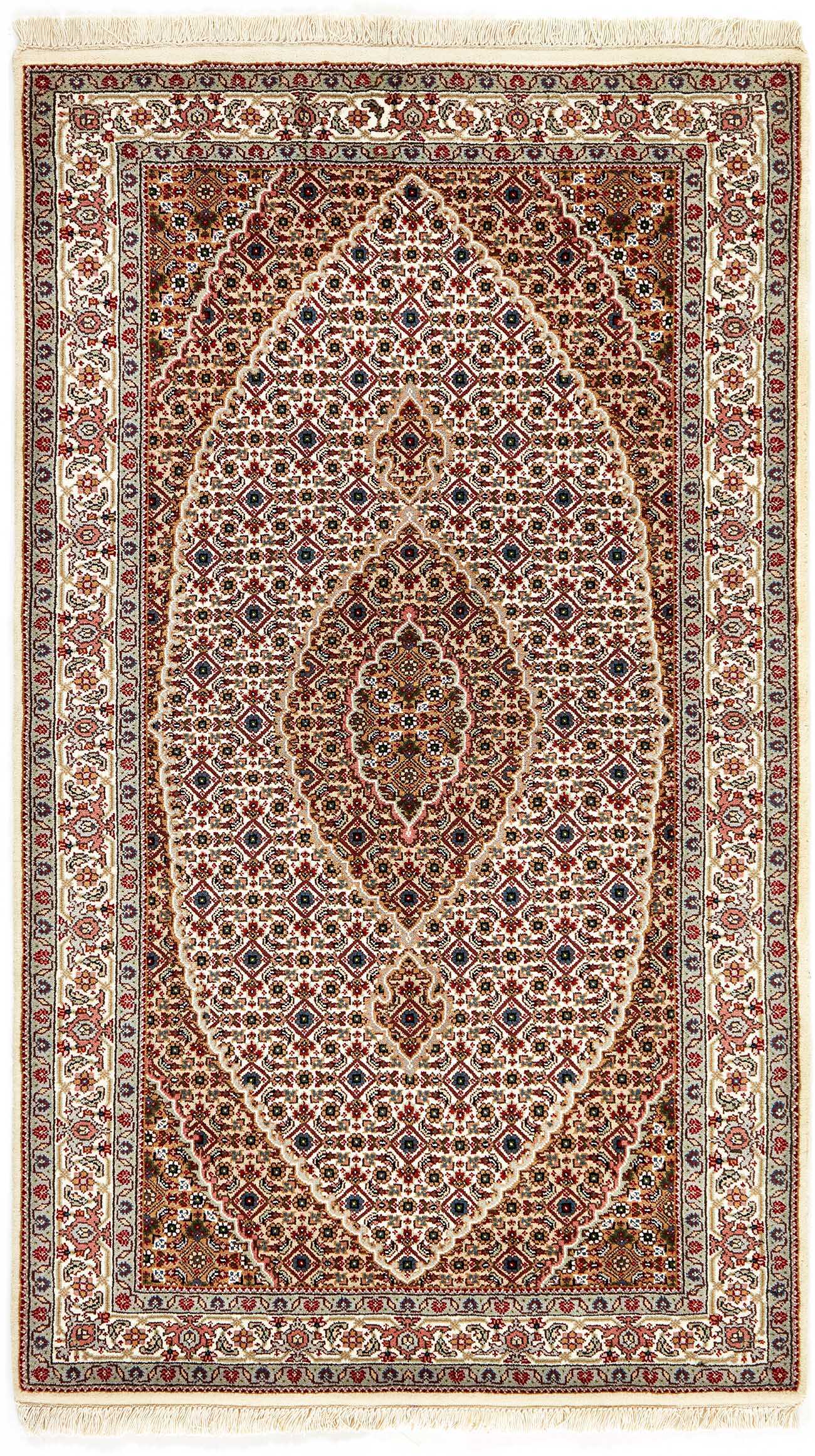 Authentic Oriental rug with traditional geometric and floral design in red, grey, black and beige.