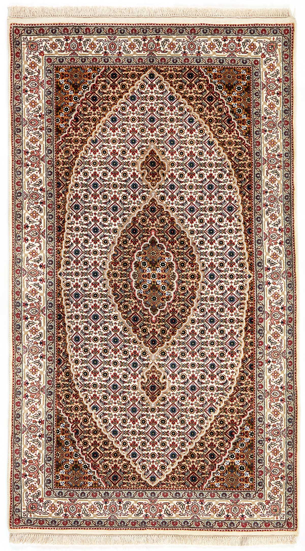 Authentic Oriental rug with traditional geometric and floral design in red, grey, black and beige.