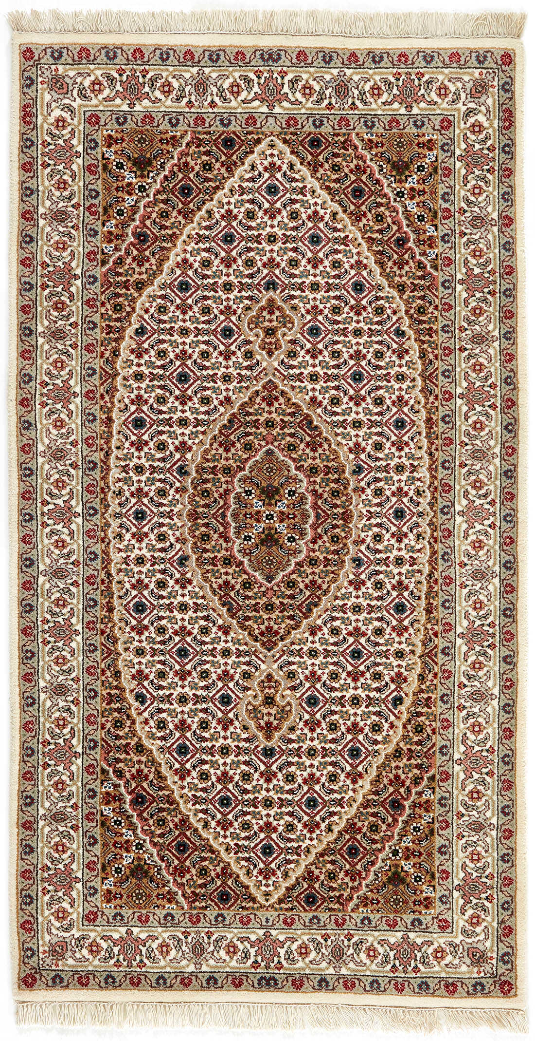 Authentic Oriental rug with traditional geometric and floral design in red, grey, black and beige.