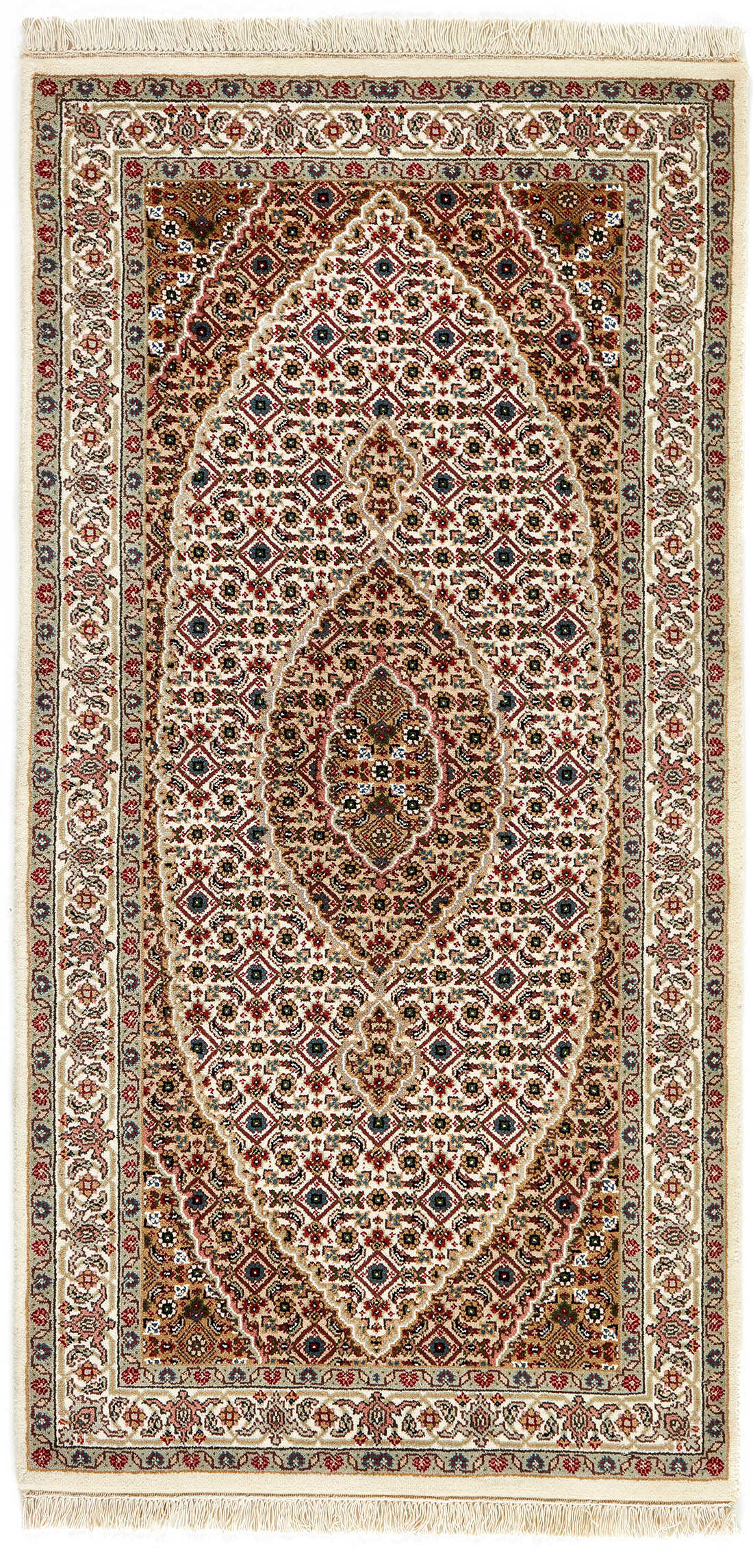 Authentic Oriental rug with traditional geometric and floral design in red, grey, black and beige.