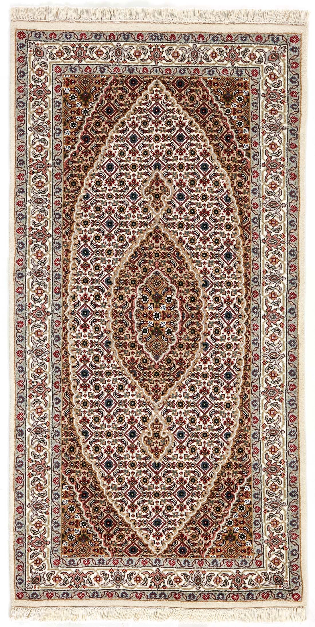 Authentic Oriental rug with traditional geometric and floral design in red, grey, black and beige.