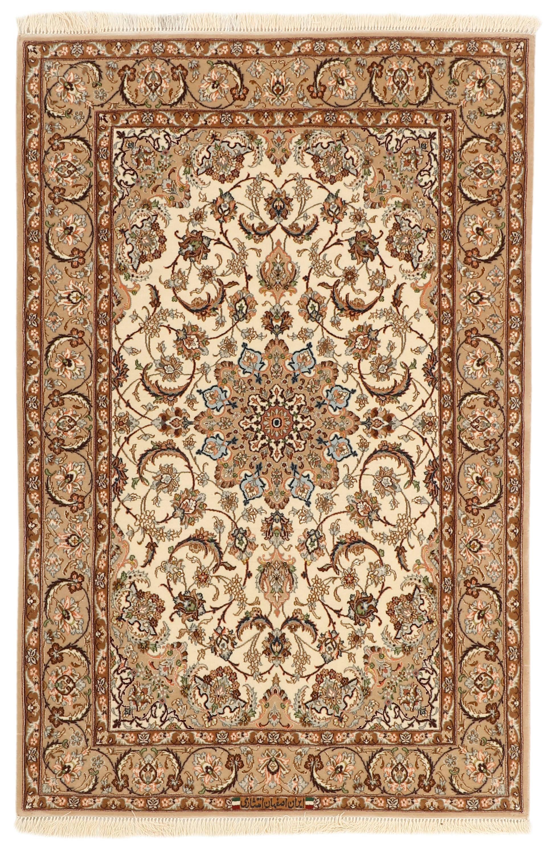 Authentic persian rug with traditional pattern in red, blue and beige