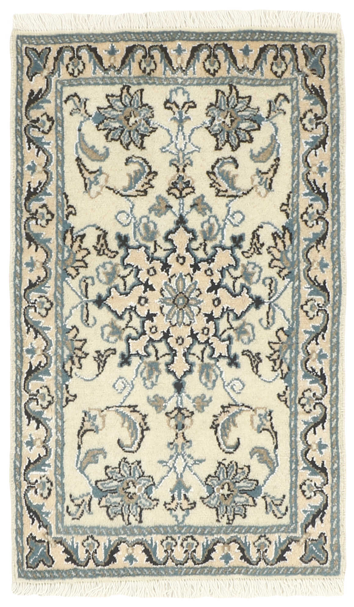 Authentic persian rug with a traditional floral design in cream and blue