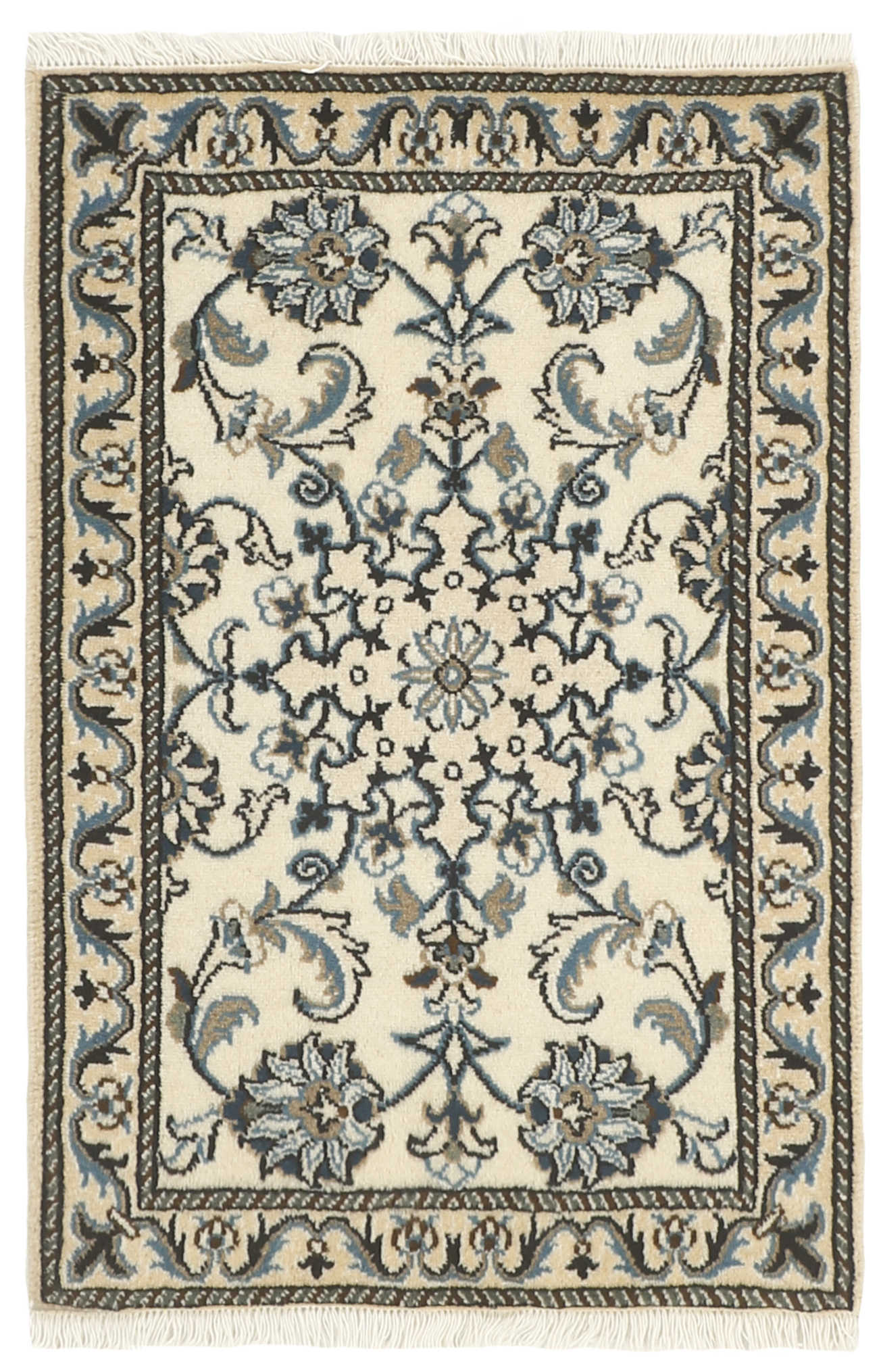 Authentic persian rug with a traditional floral design in cream and blue