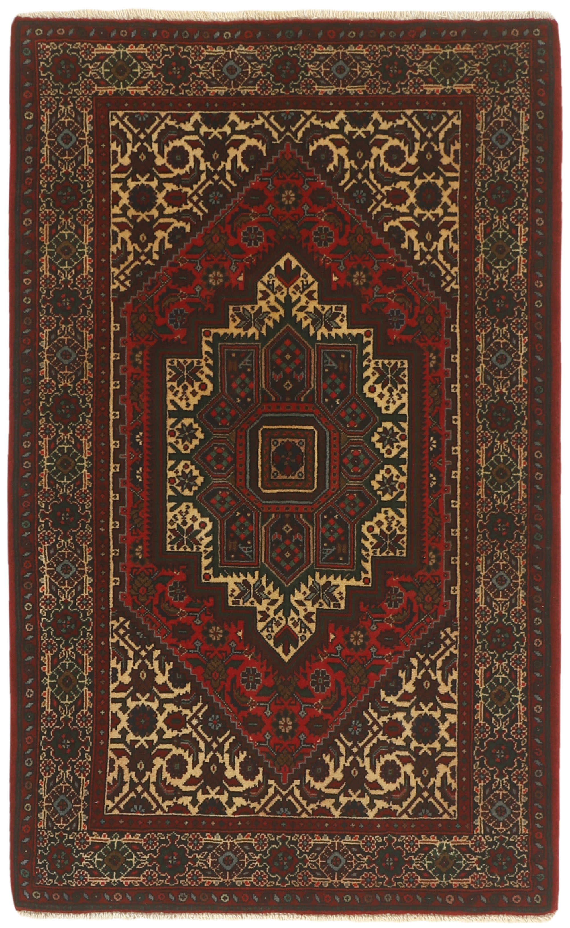 Red and beige persian rug with a floral design
