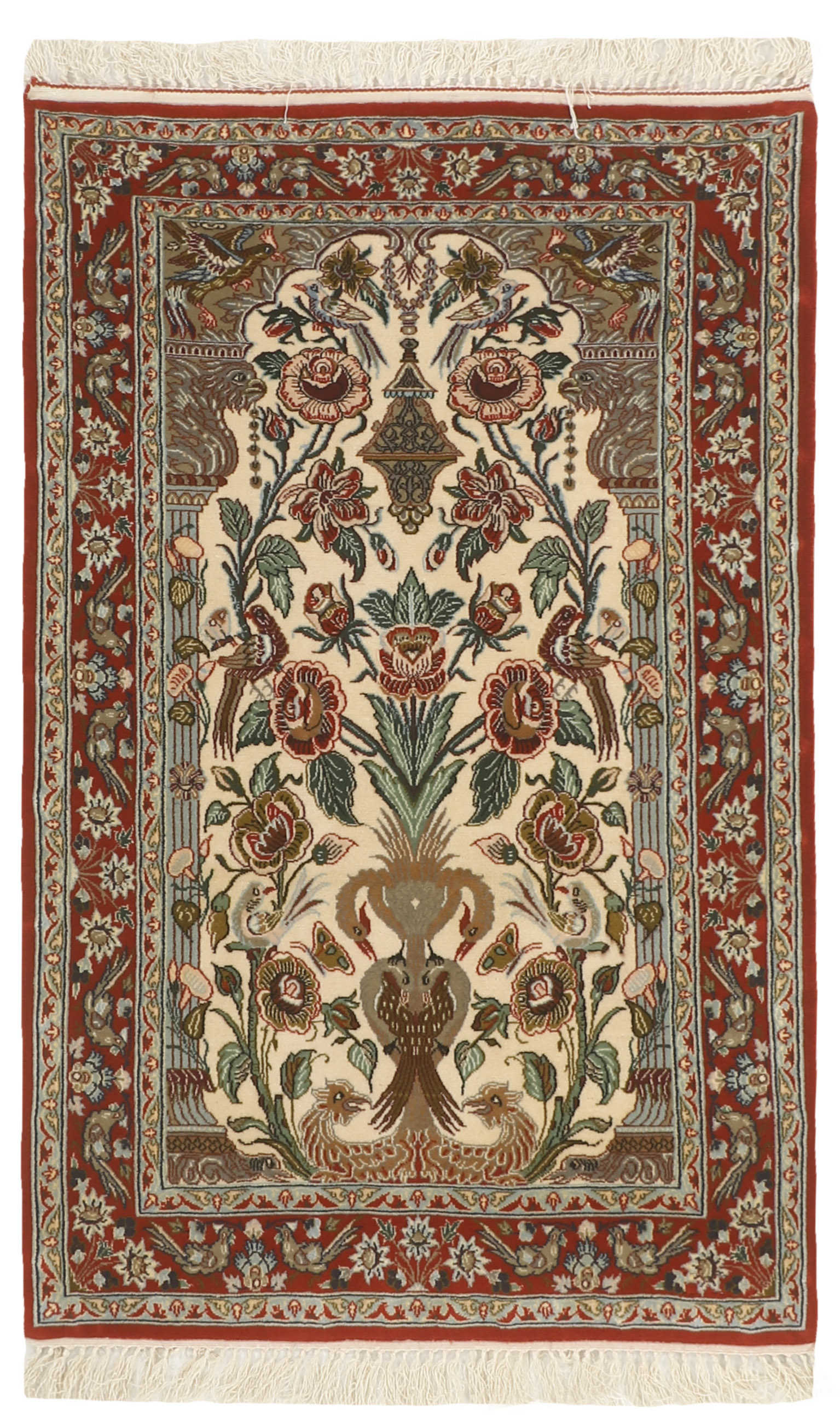 Authentic persian rug with traditional pattern in red, blue and ivory