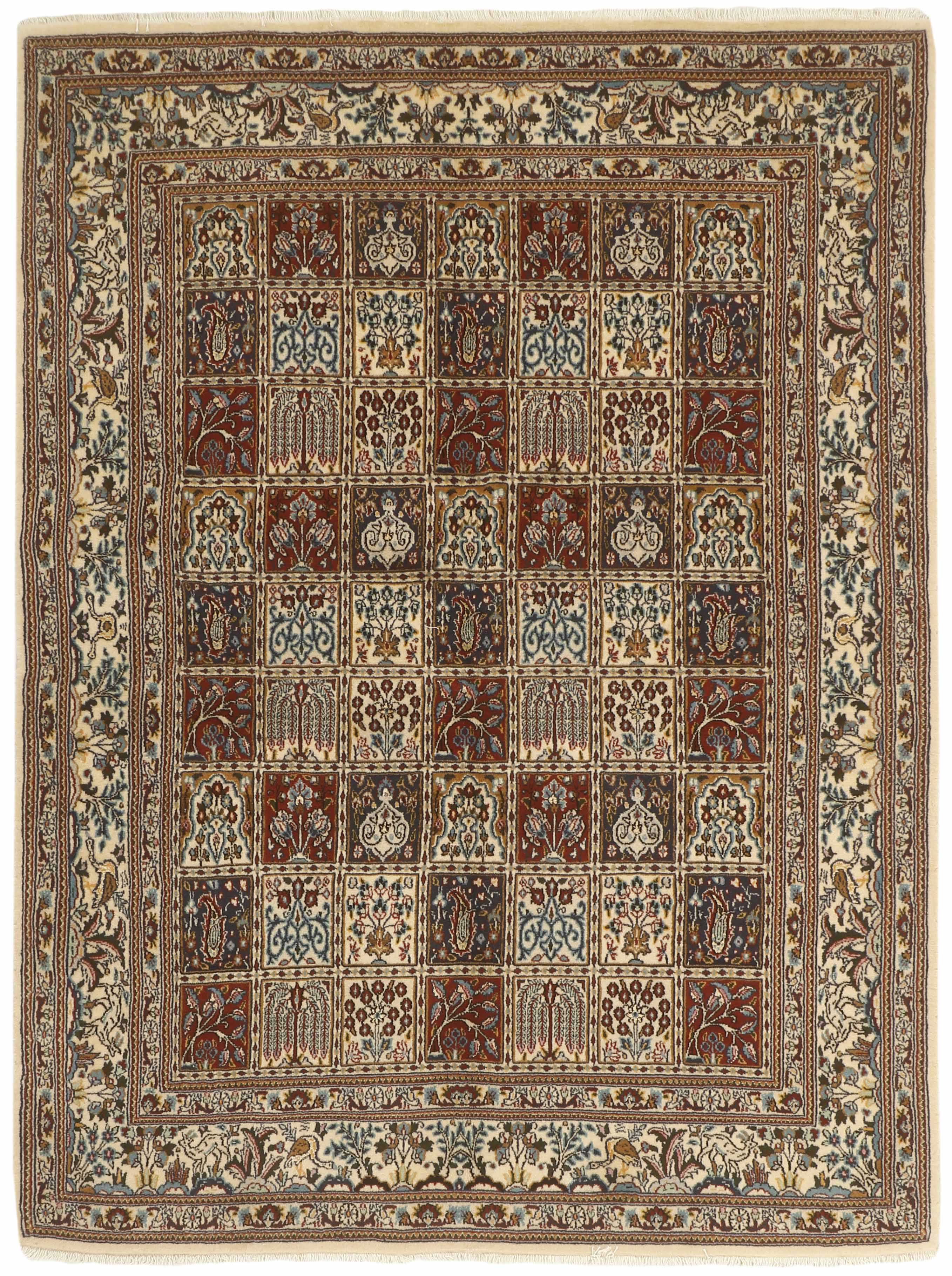authentic persian rug with floral pattern in beige, blue and red