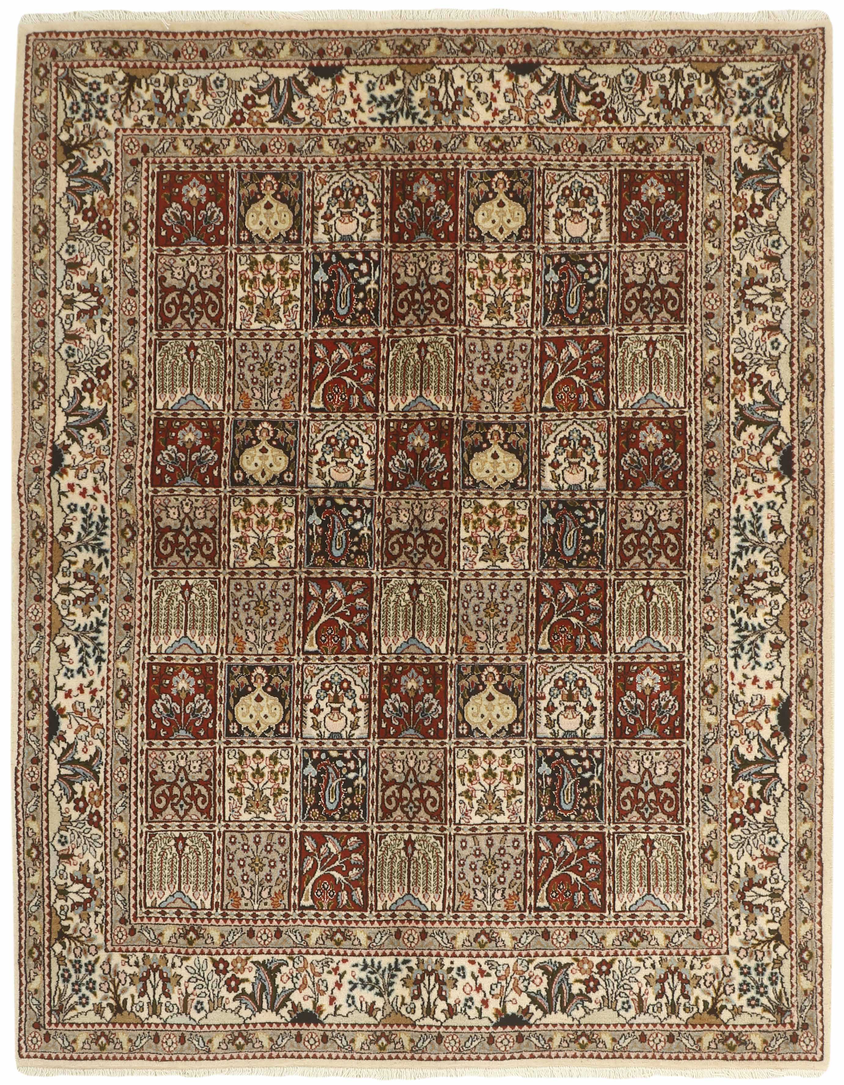 authentic persian rug with floral pattern in beige, blue and red