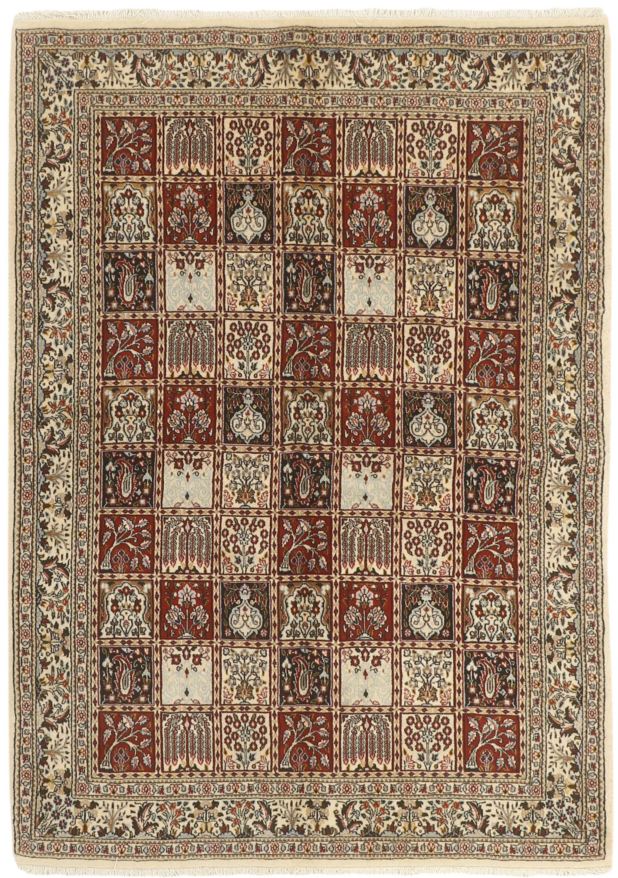 authentic persian rug with floral pattern in beige, blue and red