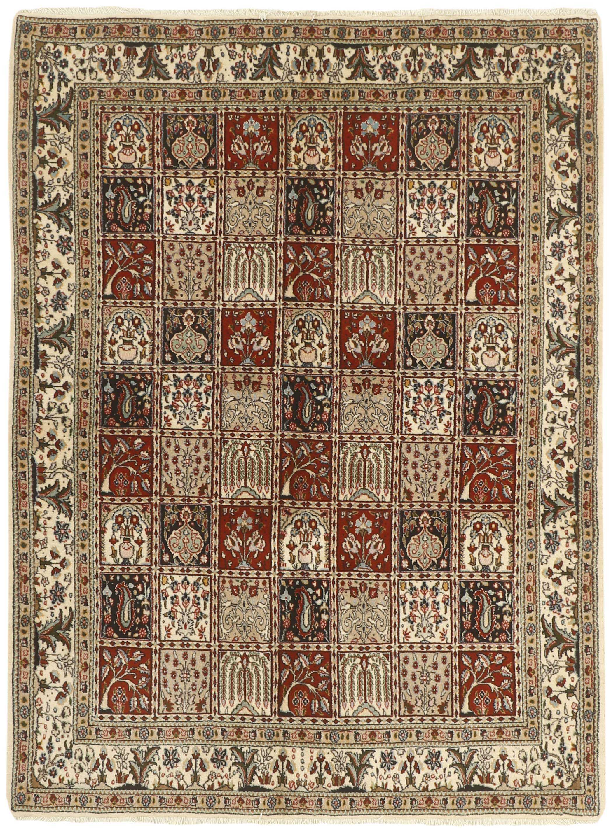 authentic persian rug with floral pattern in beige, blue and red