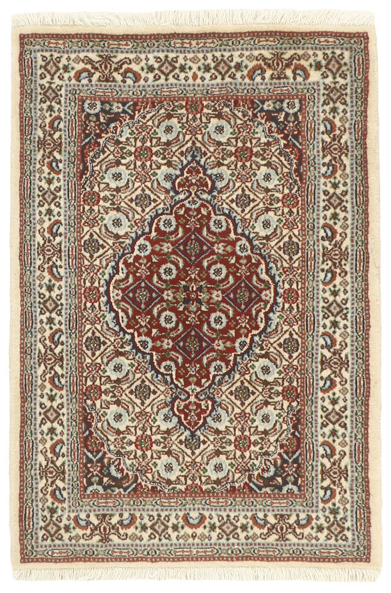 authentic persian rug with traditional floral pattern in cream, blue and red