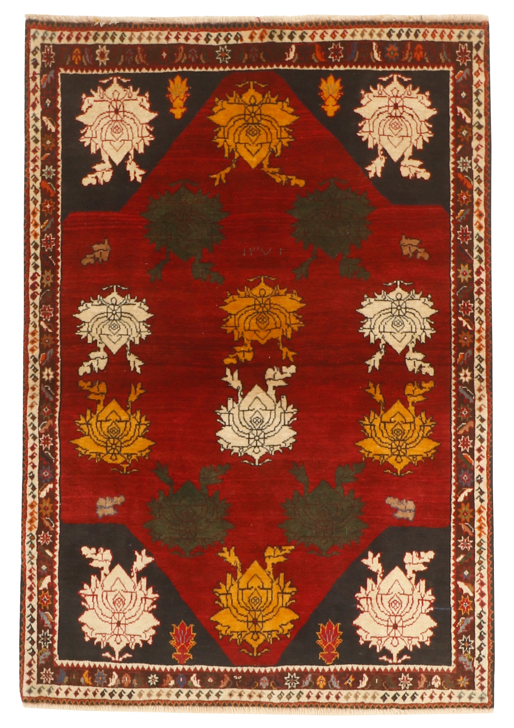 red persian rug with geometric design