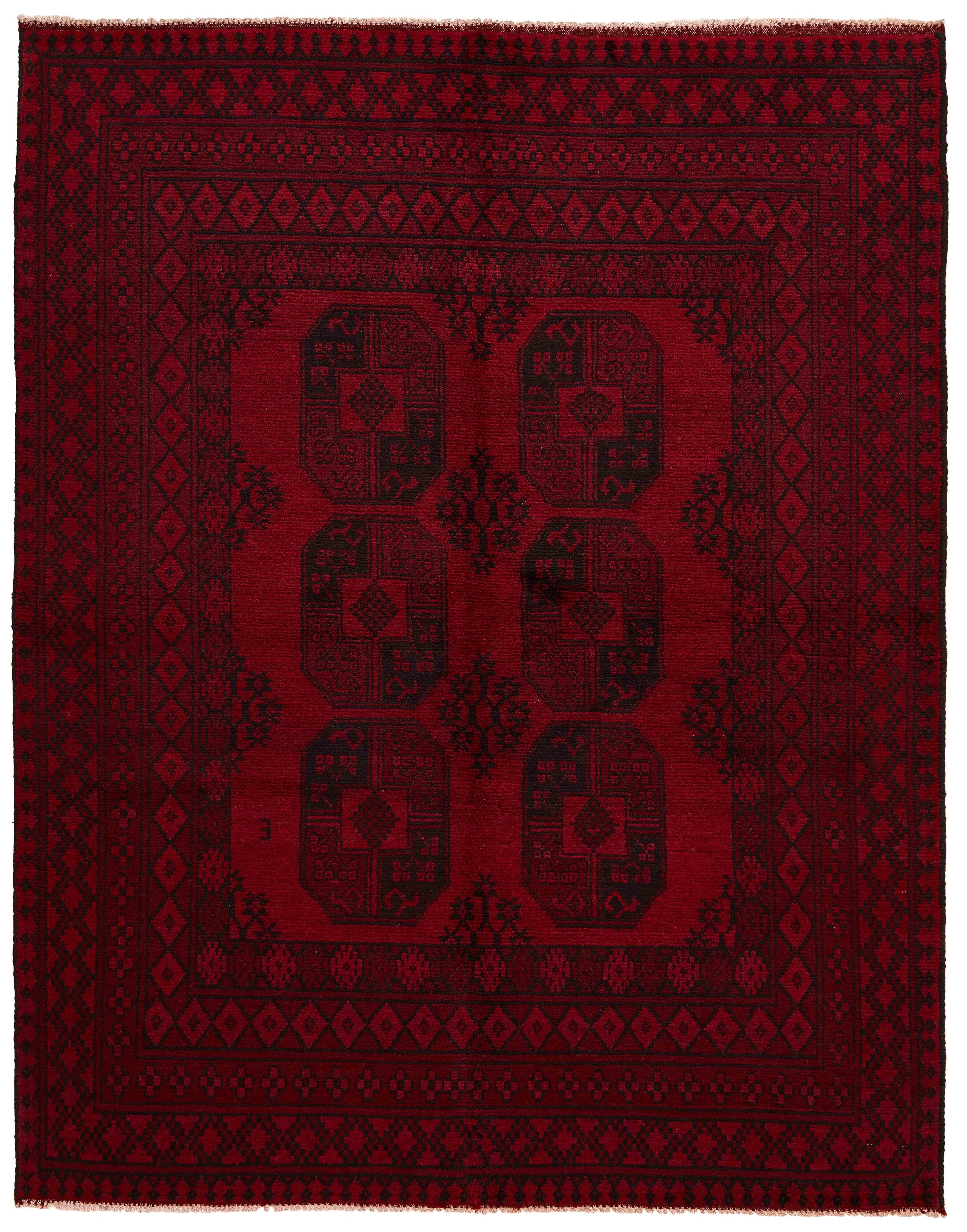 Red oriental rug with traditional Elephant's foot pattern